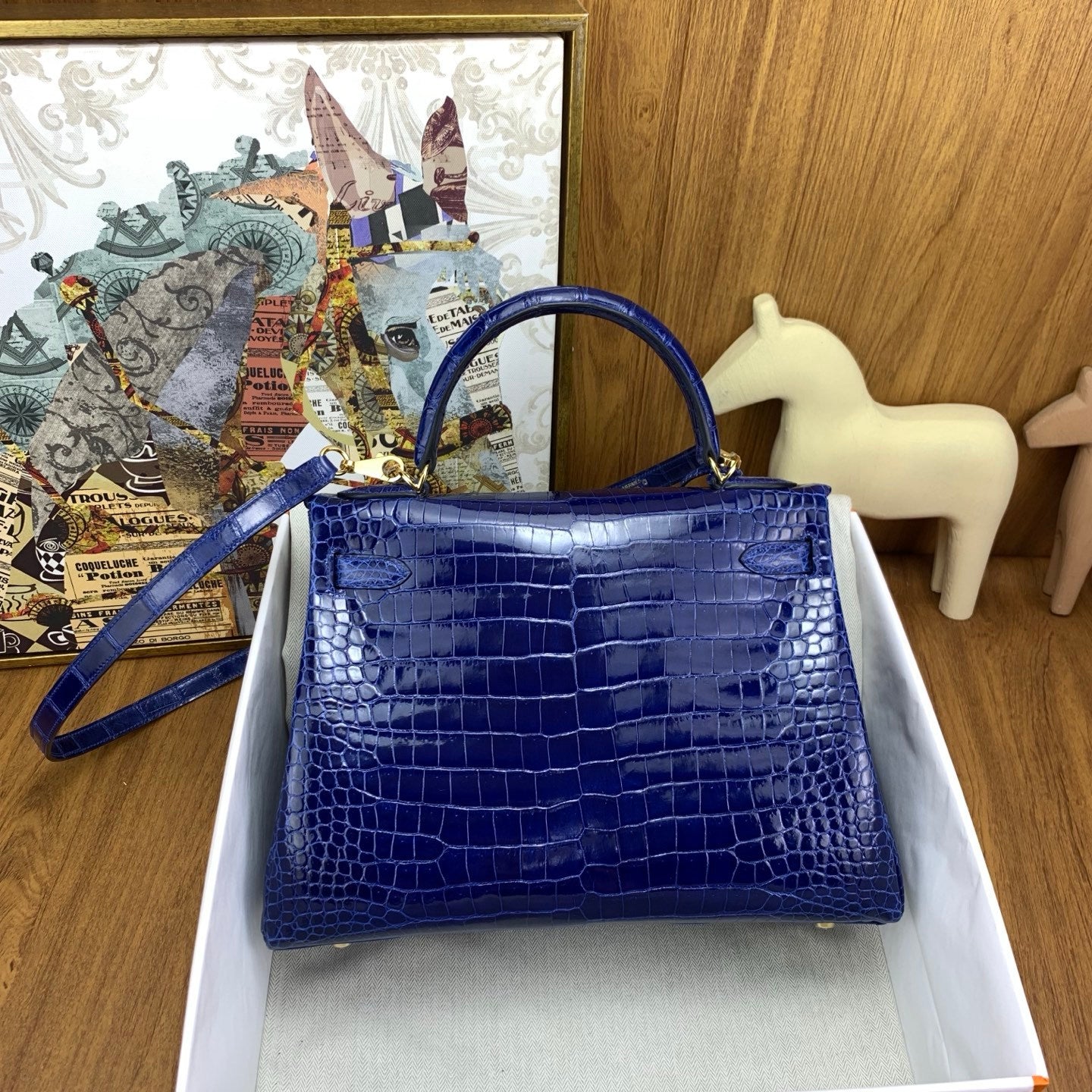 LUXURY ROYAL BLUE CROCODILE EMBOSSED LEATHER TOP HANDLE HANDBAG WITH GOLD HARDWARE