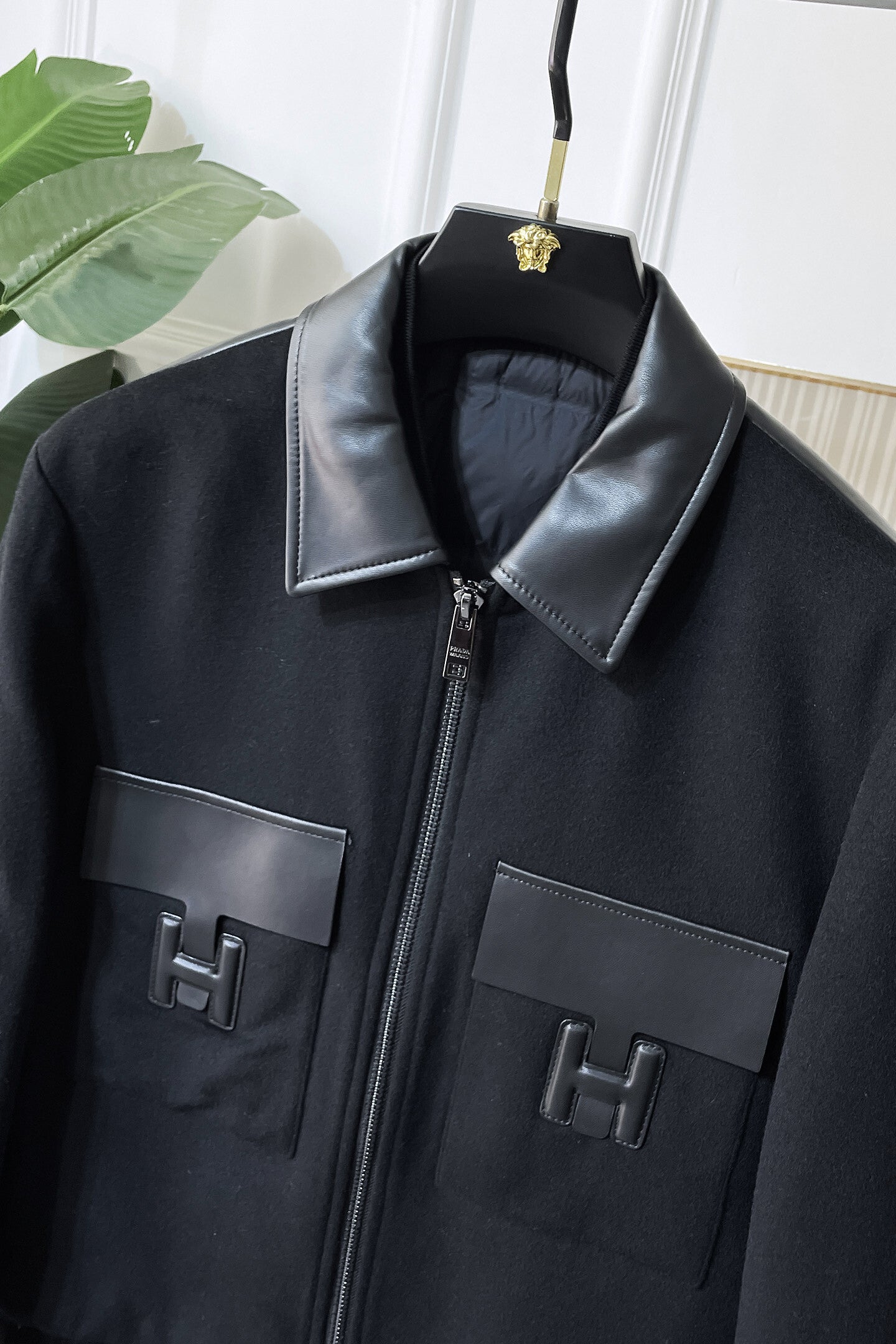 BLACK WOOL-BLEND JACKET WITH LEATHER DETAILS