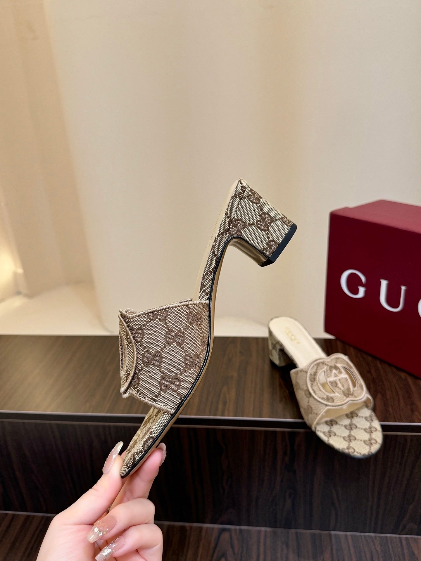 BEIGE MONOGRAM BLOCK HEEL MULES
