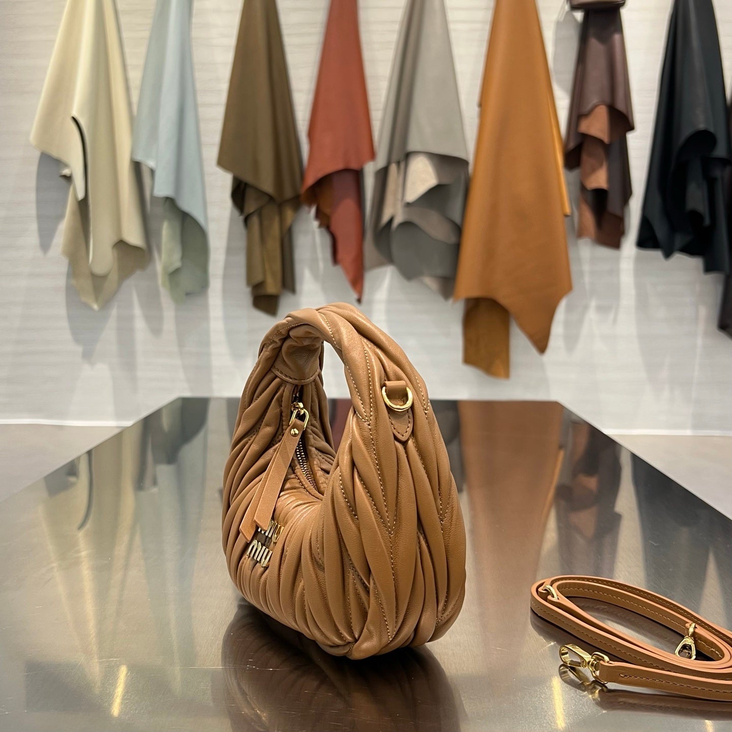 CAMEL MATELASSÉ MINI HOBO SHOULDER BAG