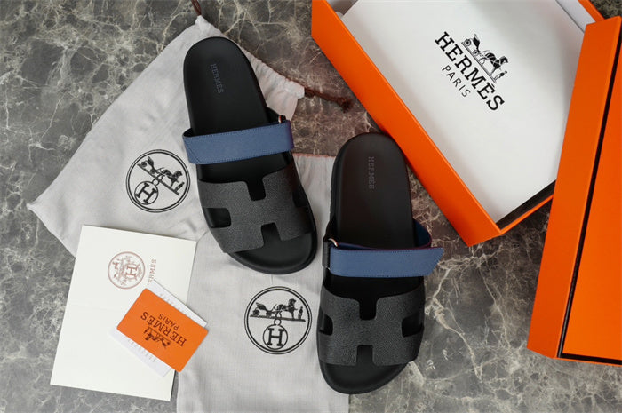 BLACK & BLUE DOUBLE-STRAP H-CUT LEATHER SLIDE SANDALS