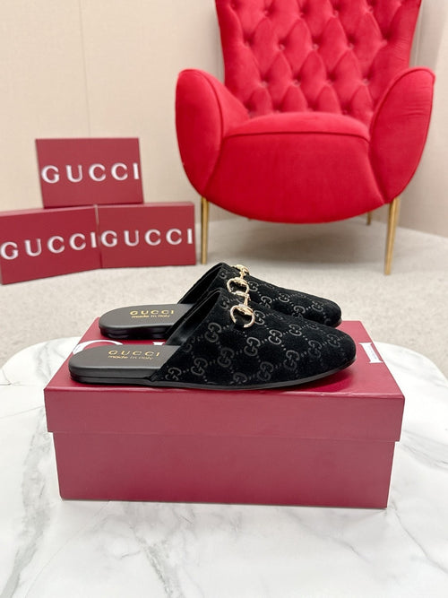 BLACK MONOGRAM VELVET HORSEBIT MULES