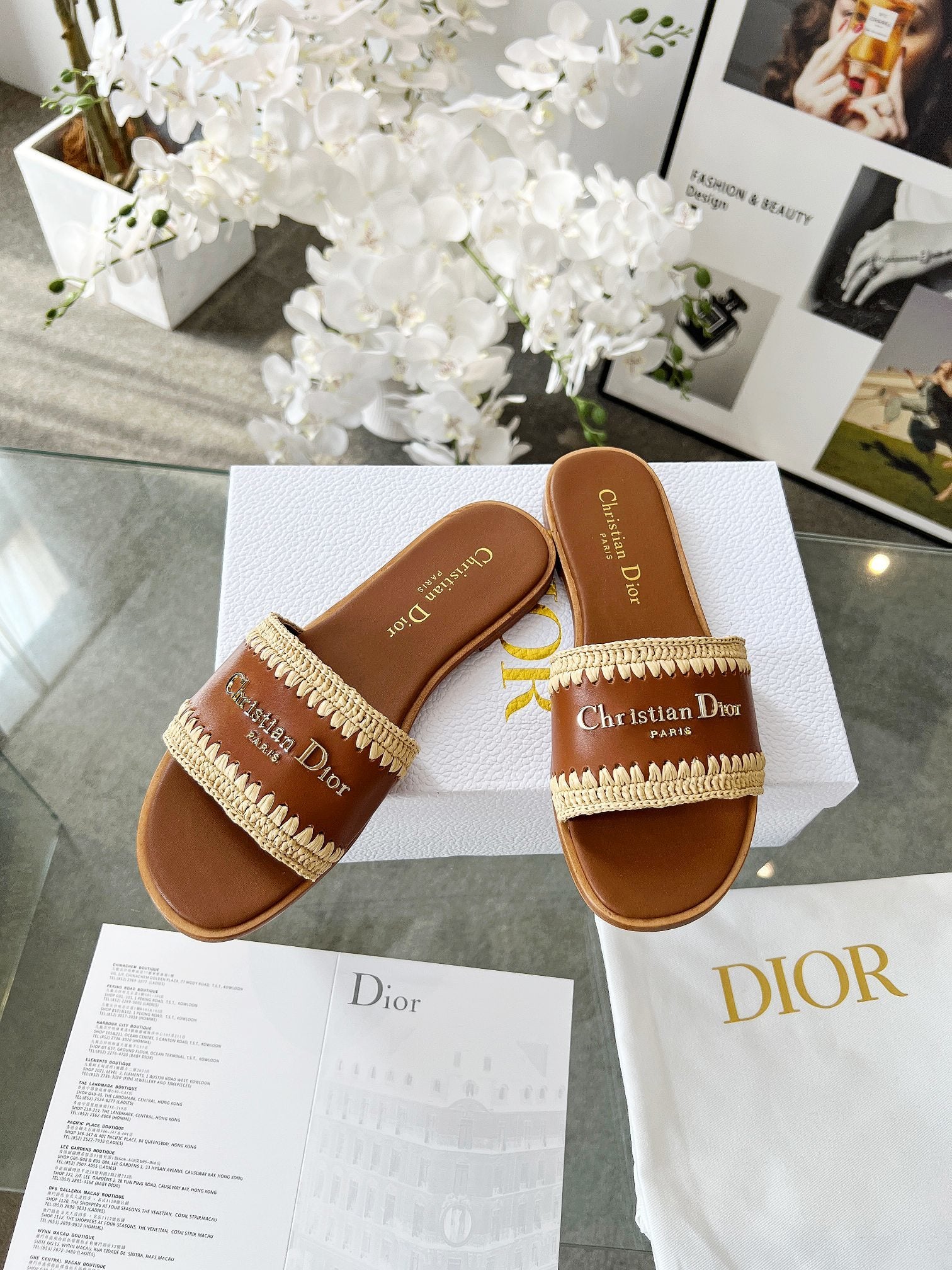 TAN WOVEN LOGO STRAP FLAT SLIDES