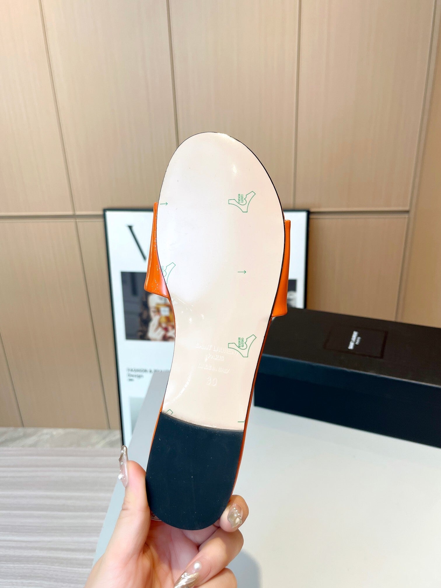ORANGE PATENT SLIDE SANDALS