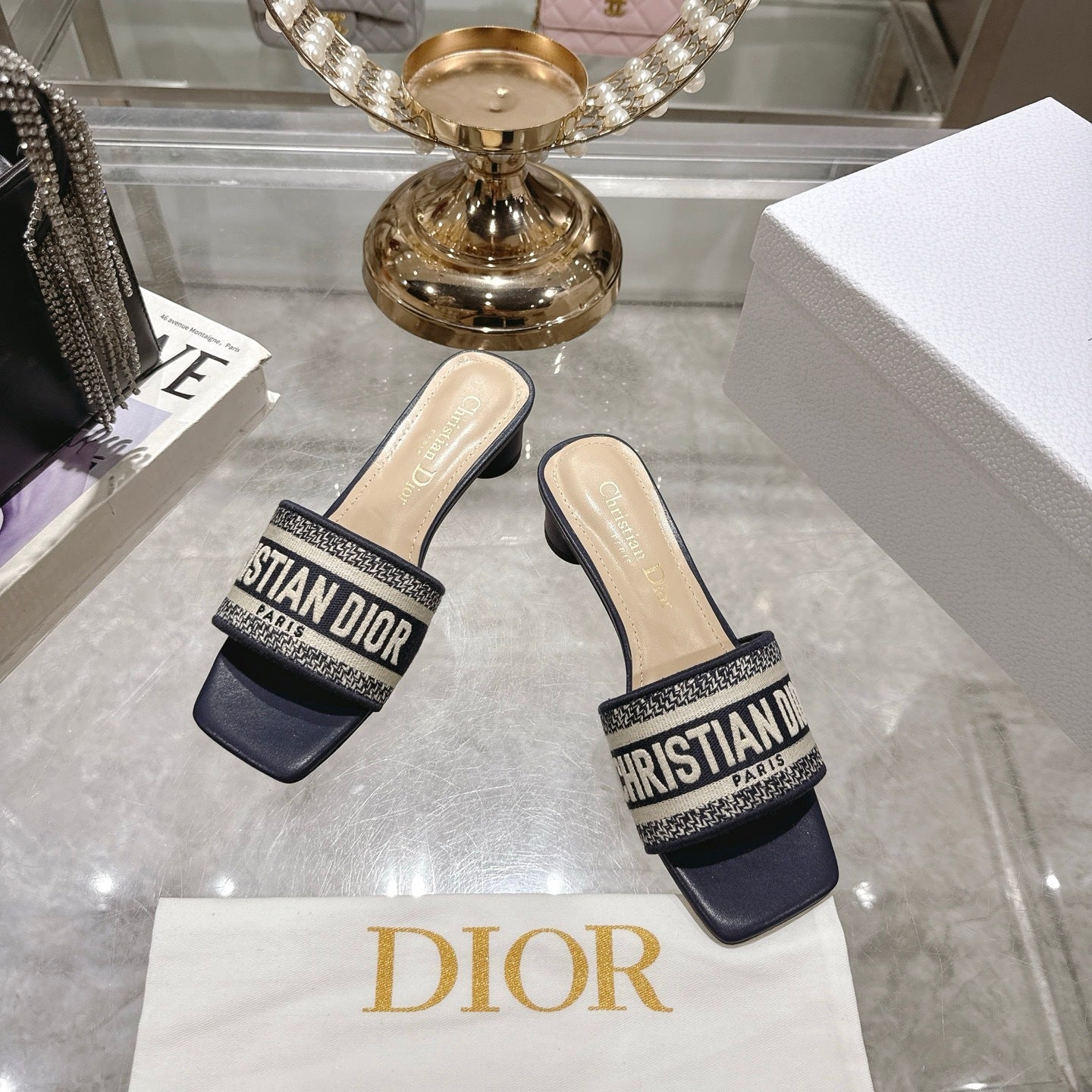 LOGO JACQUARD LOW HEEL SLIDE MULES