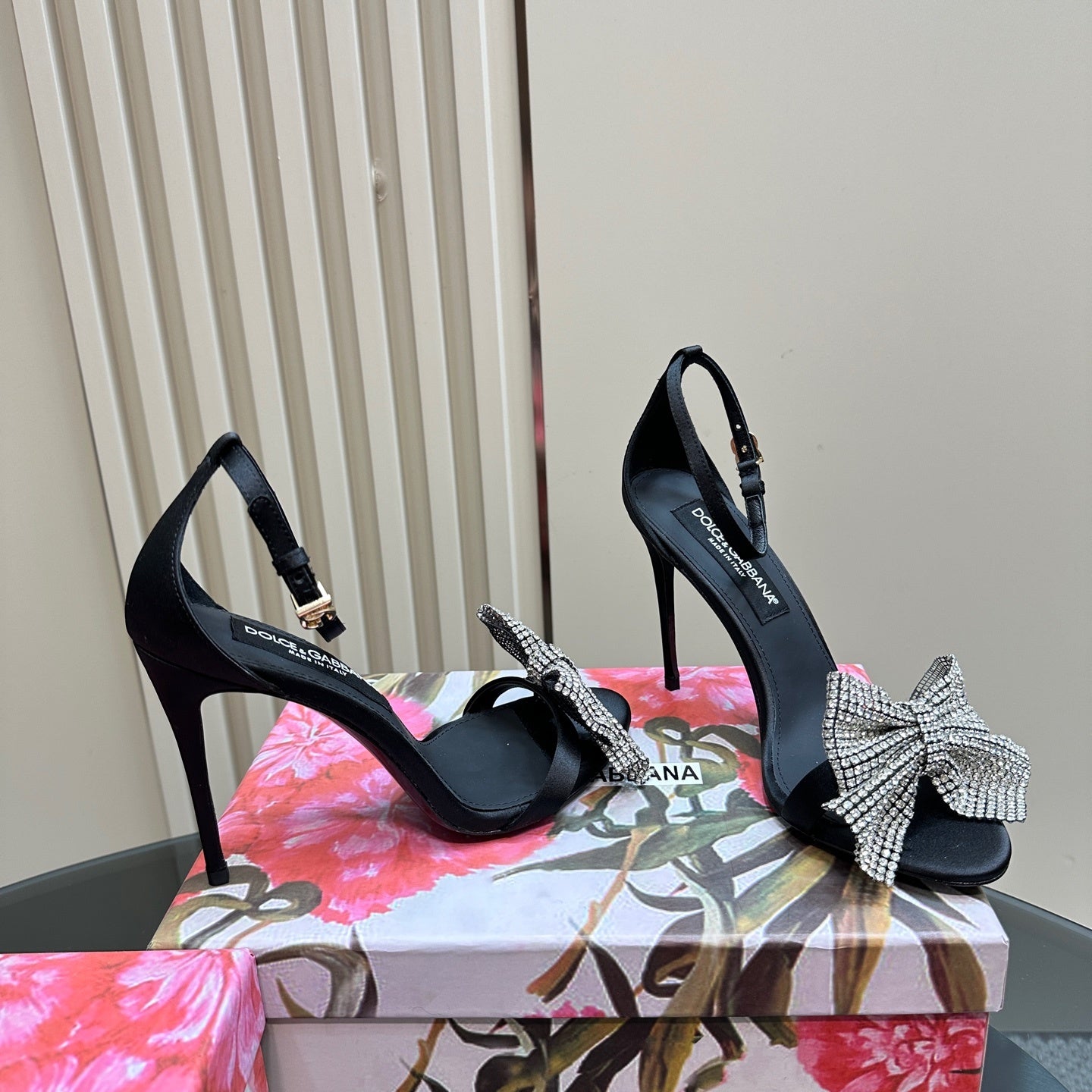 BLACK SATIN CRYSTAL BOW STILETTO HEELS