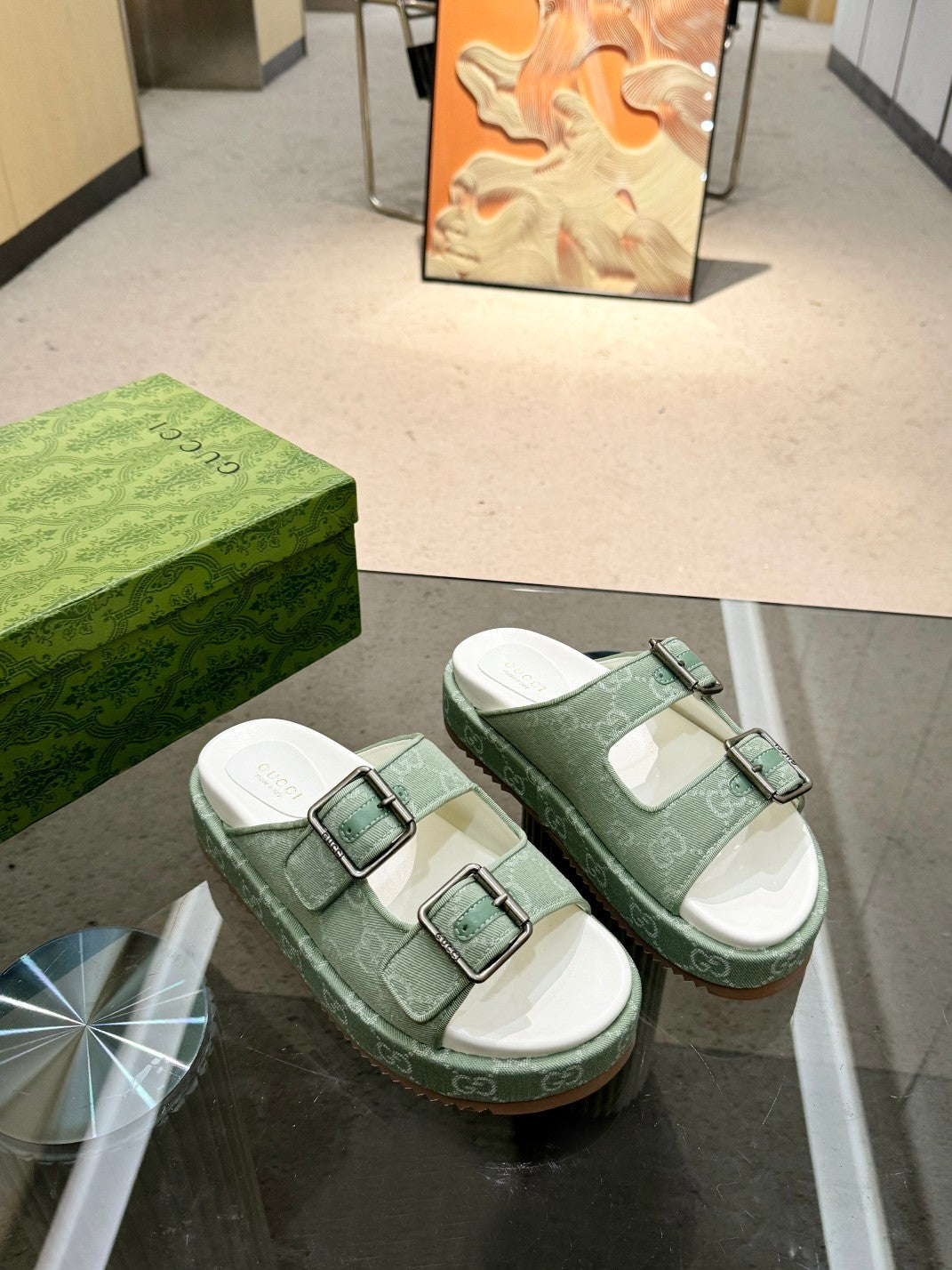 GREEN MONOGRAM DOUBLE-STRAP SANDALS