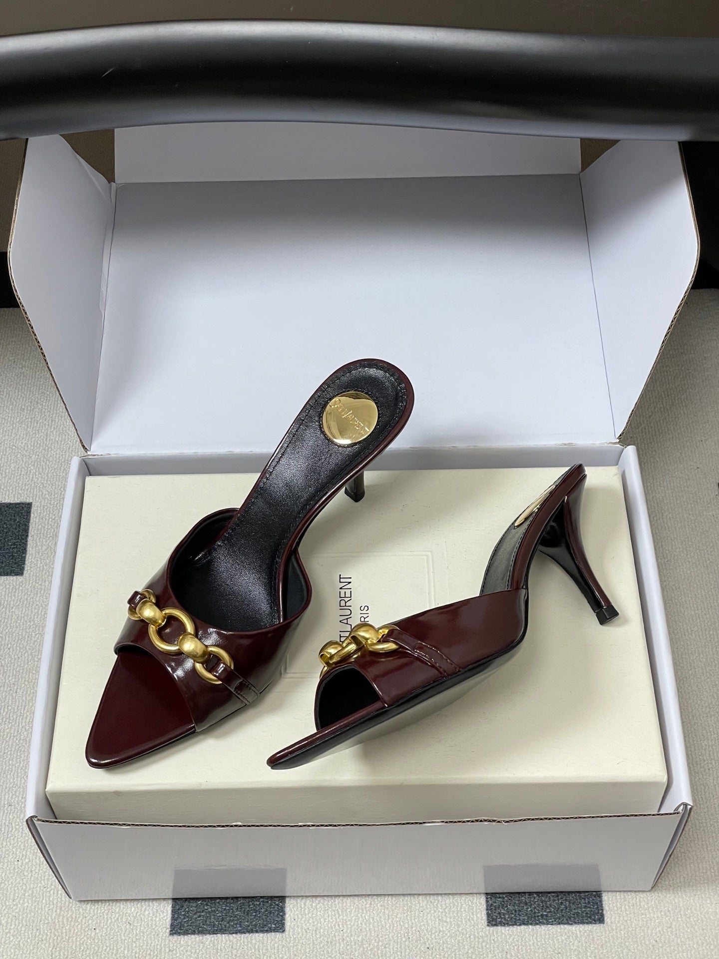 BURGUNDY POINTED TOE MULE HEELS WITH GOLD DETAIL