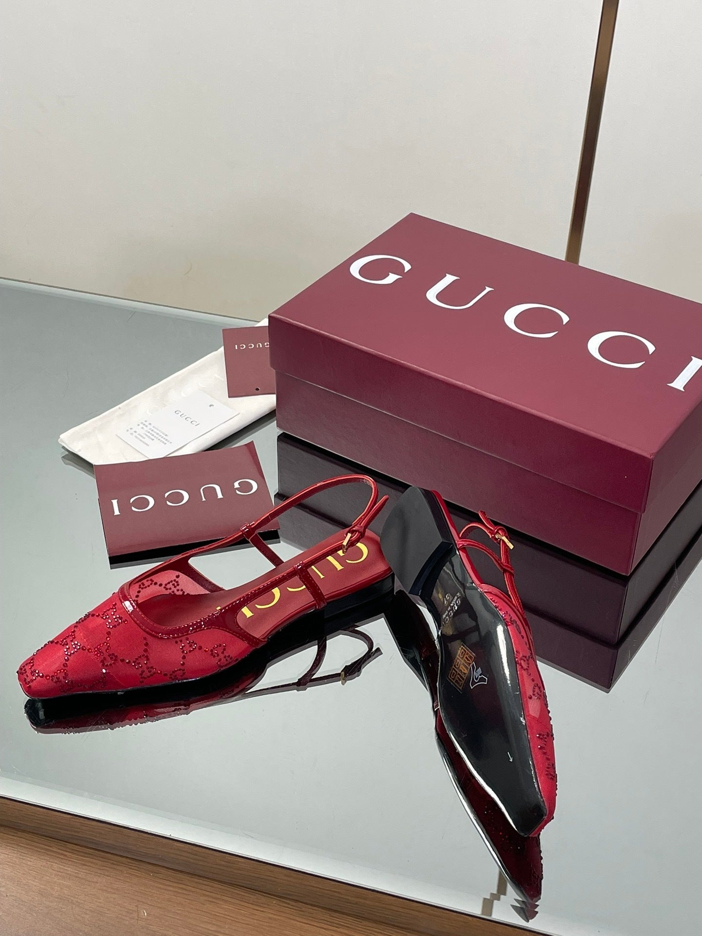RED EMBELLISHED SLINGBACK FLATS