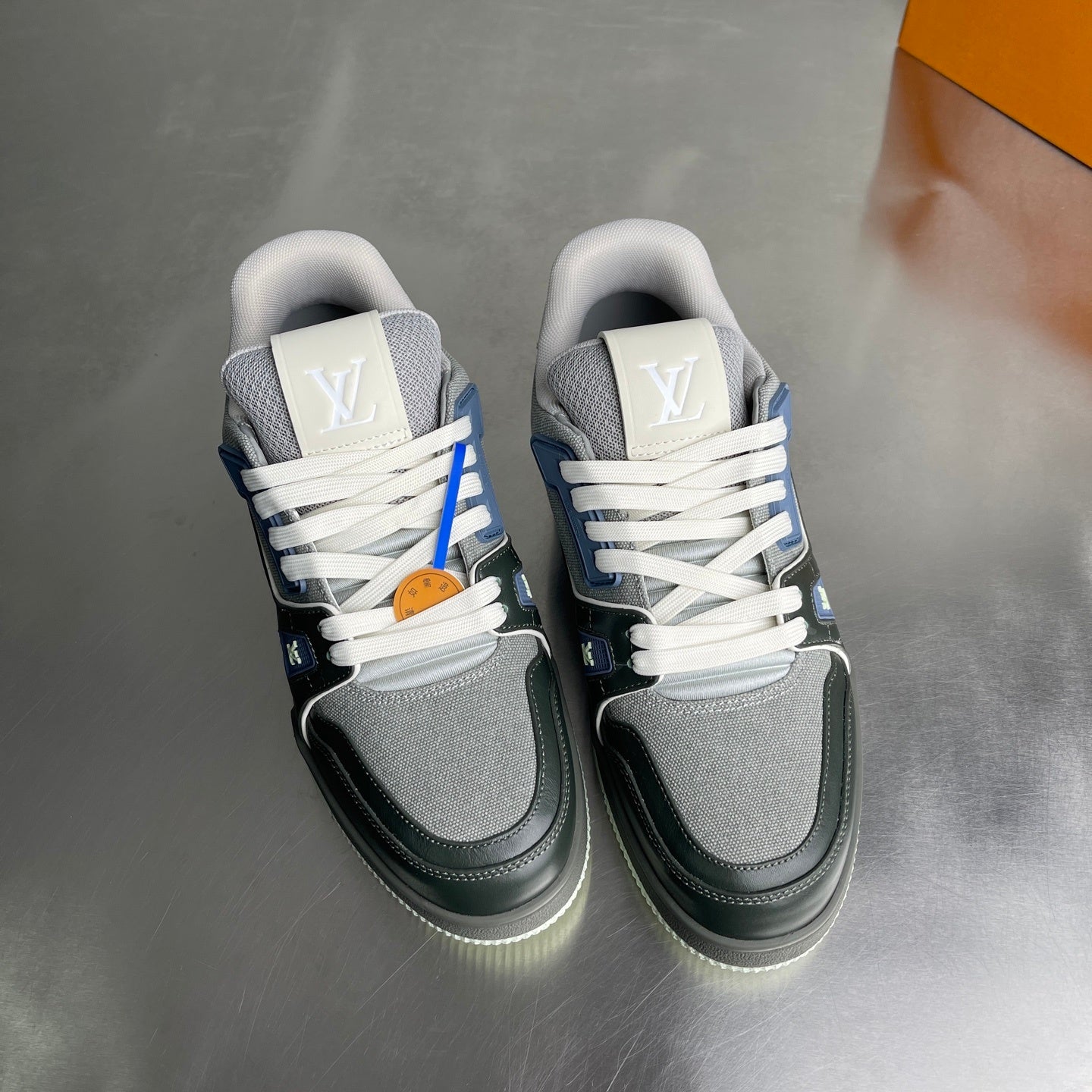 GREY AND NAVY LOW-TOP SNEAKERS WITH LAYERED DESIGN