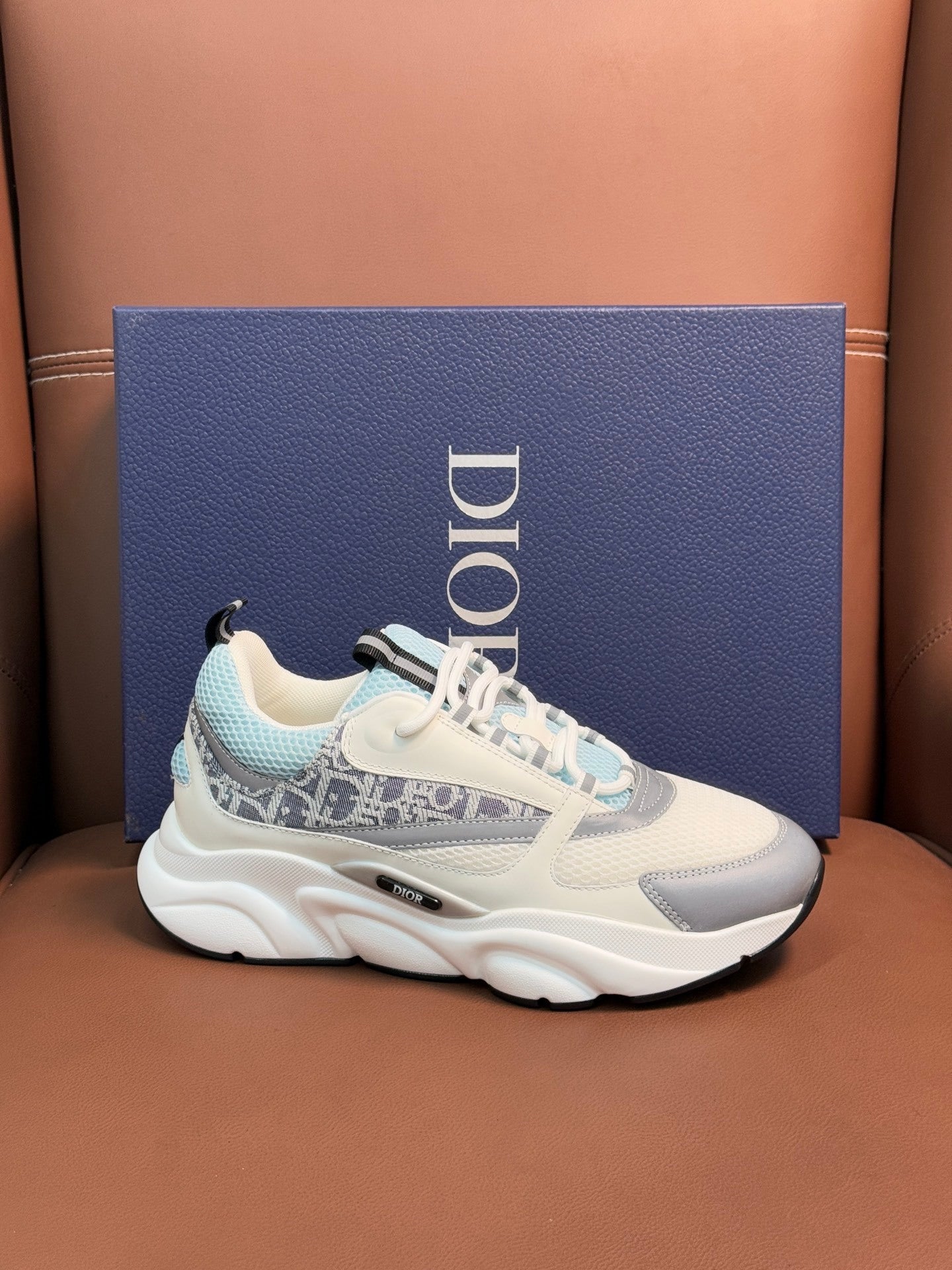 WHITE, GREY & ICE BLUE MONOGRAM CHUNKY SNEAKERS