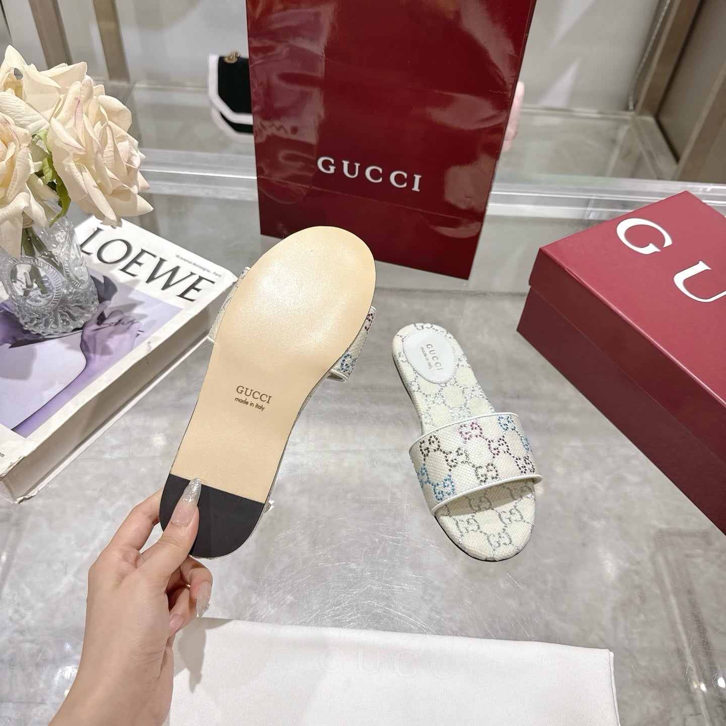 WHITE MULTICOLOR PATTERN SLIDE SANDALS