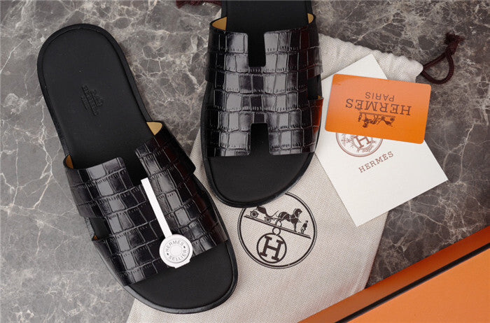 BLACK CROCODILE-EMBOSSED H-CUT LEATHER SLIDE SANDALS