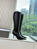 BLACK KNEE-HIGH BUCKLE HEEL BOOTS