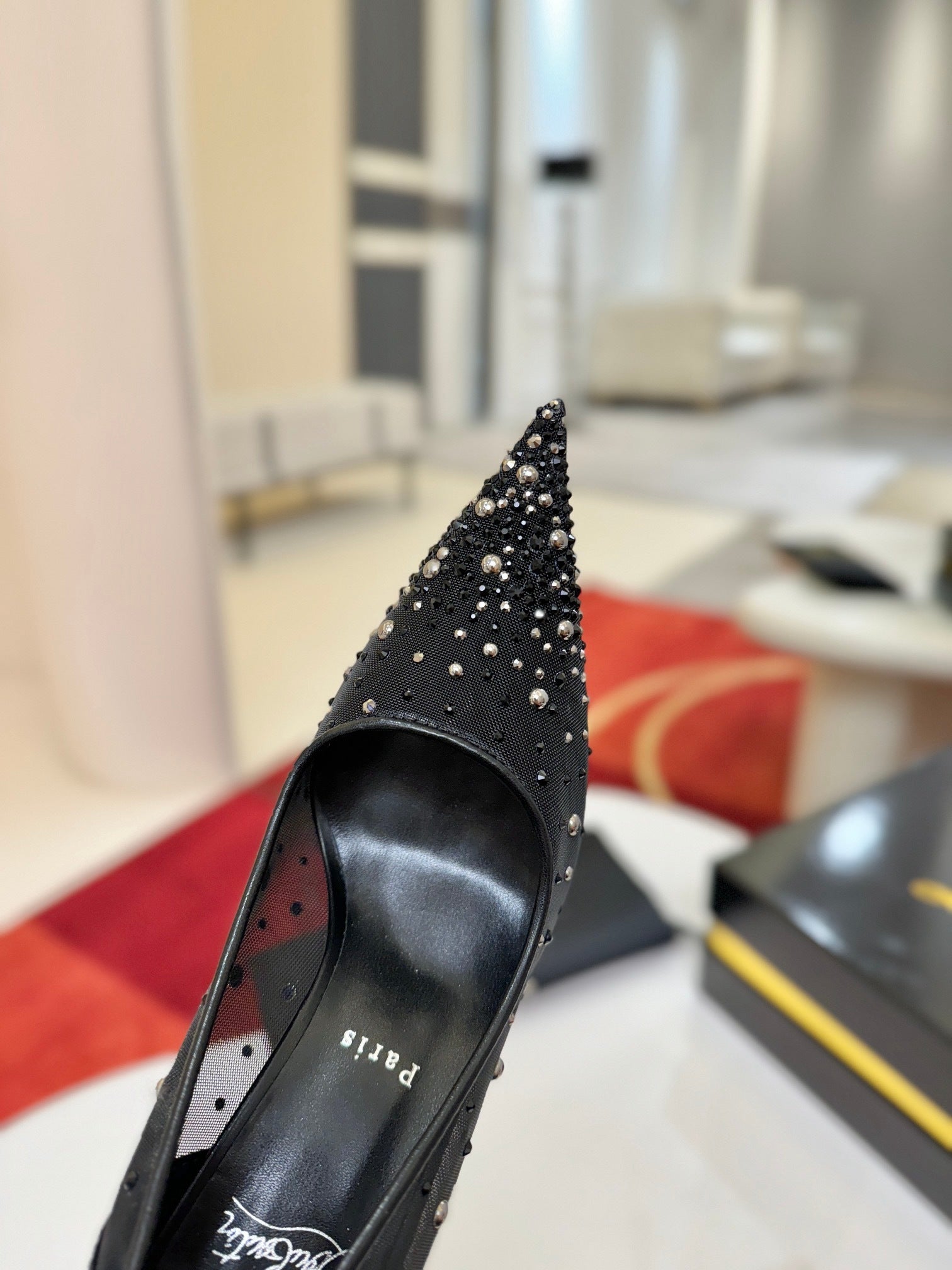 BLACK RHINESTONE MESH POINTED HEELS