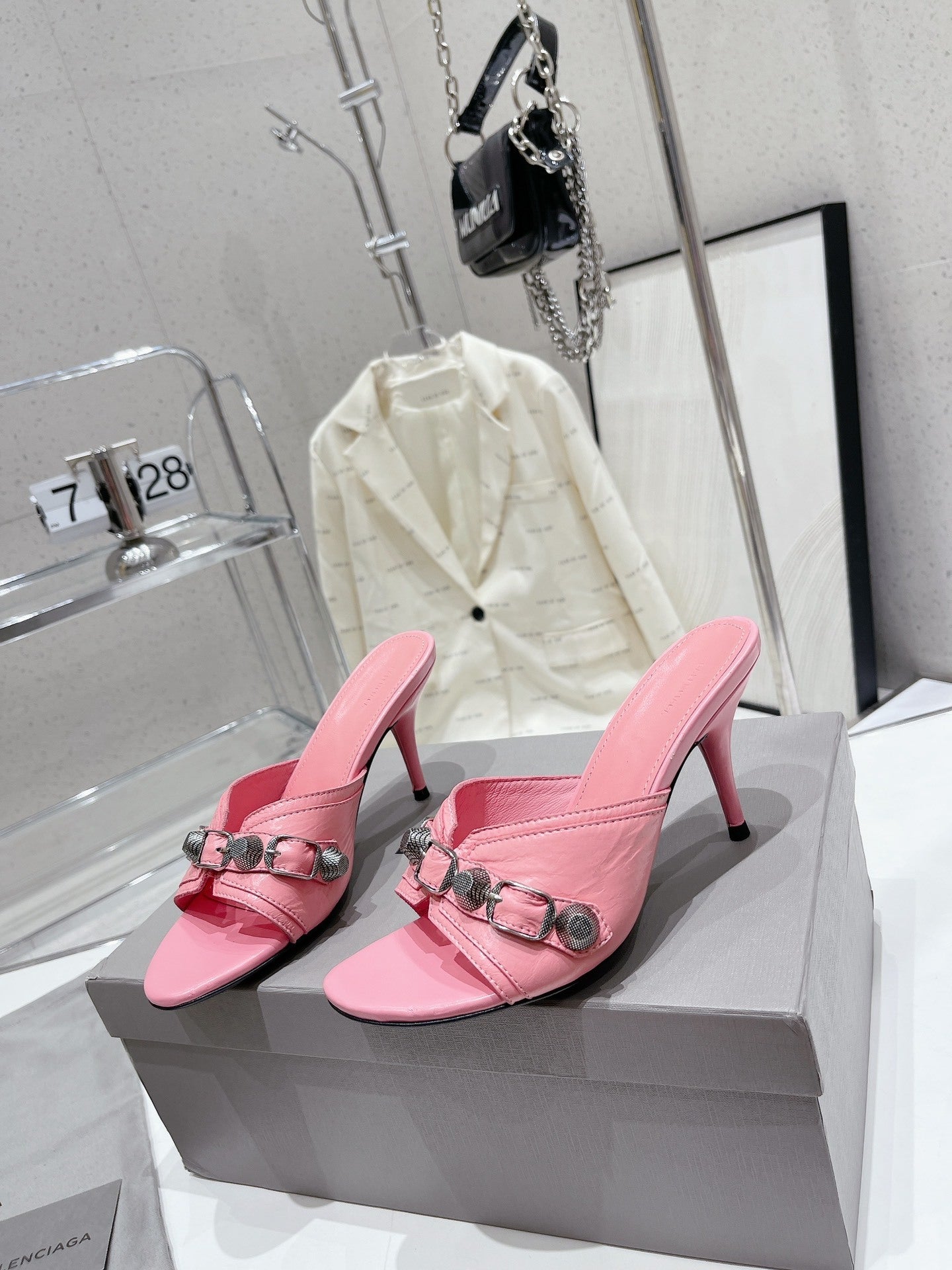 PINK EMBELLISHED MID HEEL MULE SANDALS