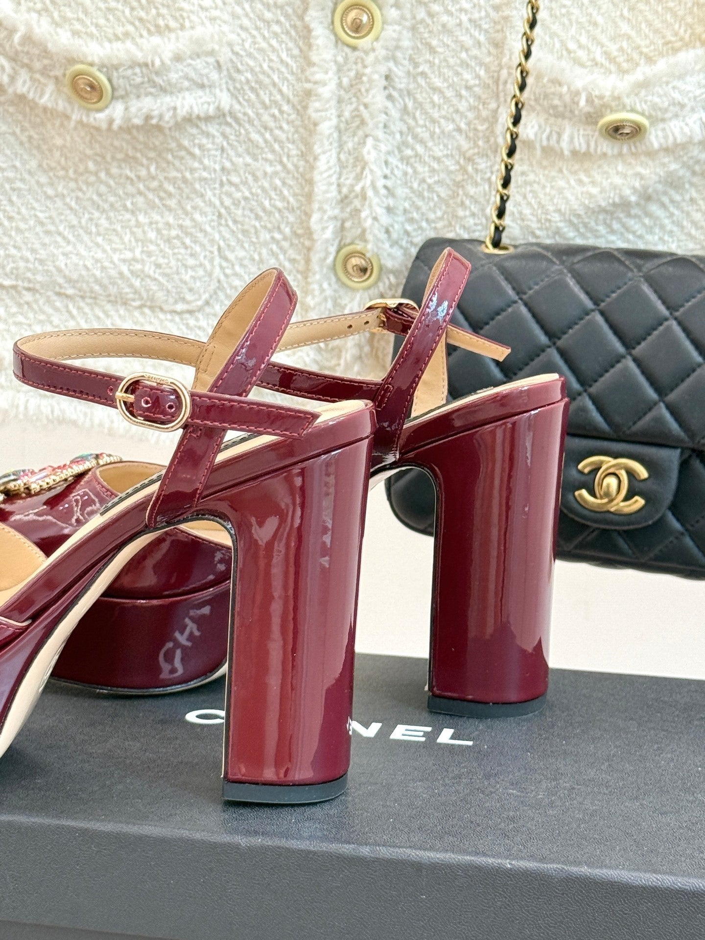BURGUNDY PATENT PLATFORM CRYSTAL HEELS