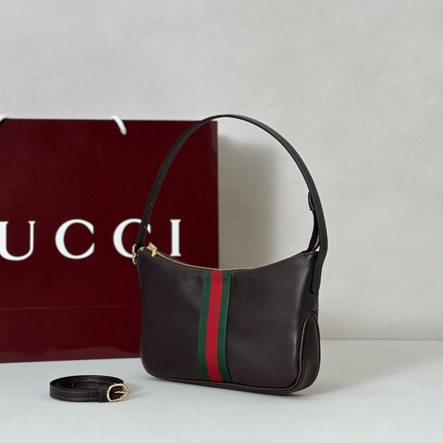 STRIPED LEATHER SHOULDER BAG – BROWN