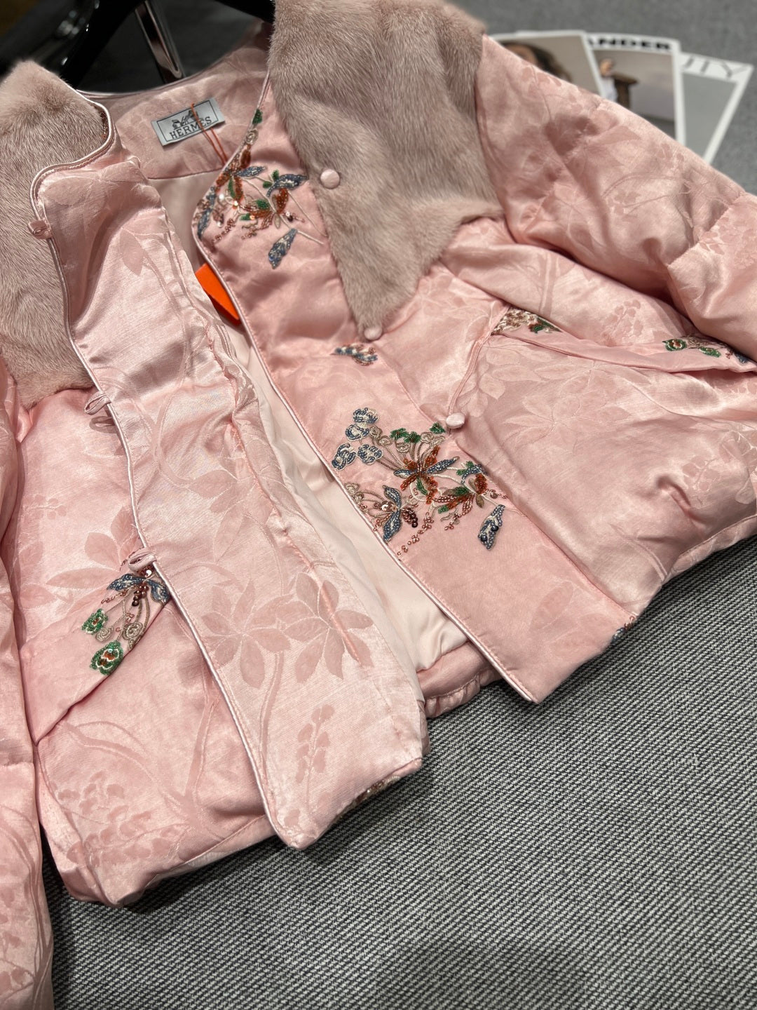 BLUSH PINK EMBROIDERED PUFFER JACKET WITH FUR TRIM