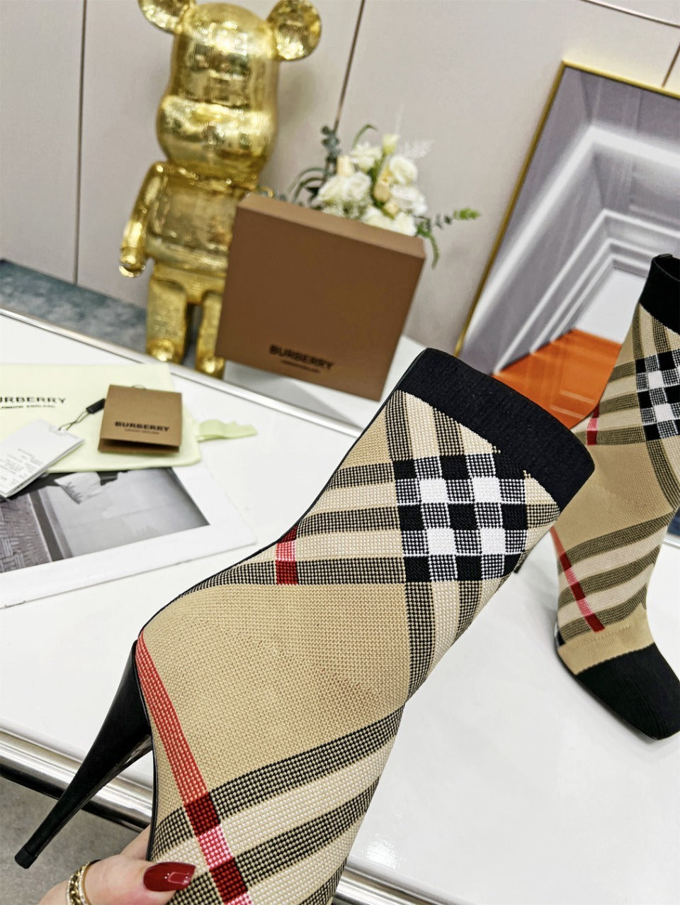 CHECK PATTERN KNIT ANKLE BOOTS WITH STILETTO HEEL