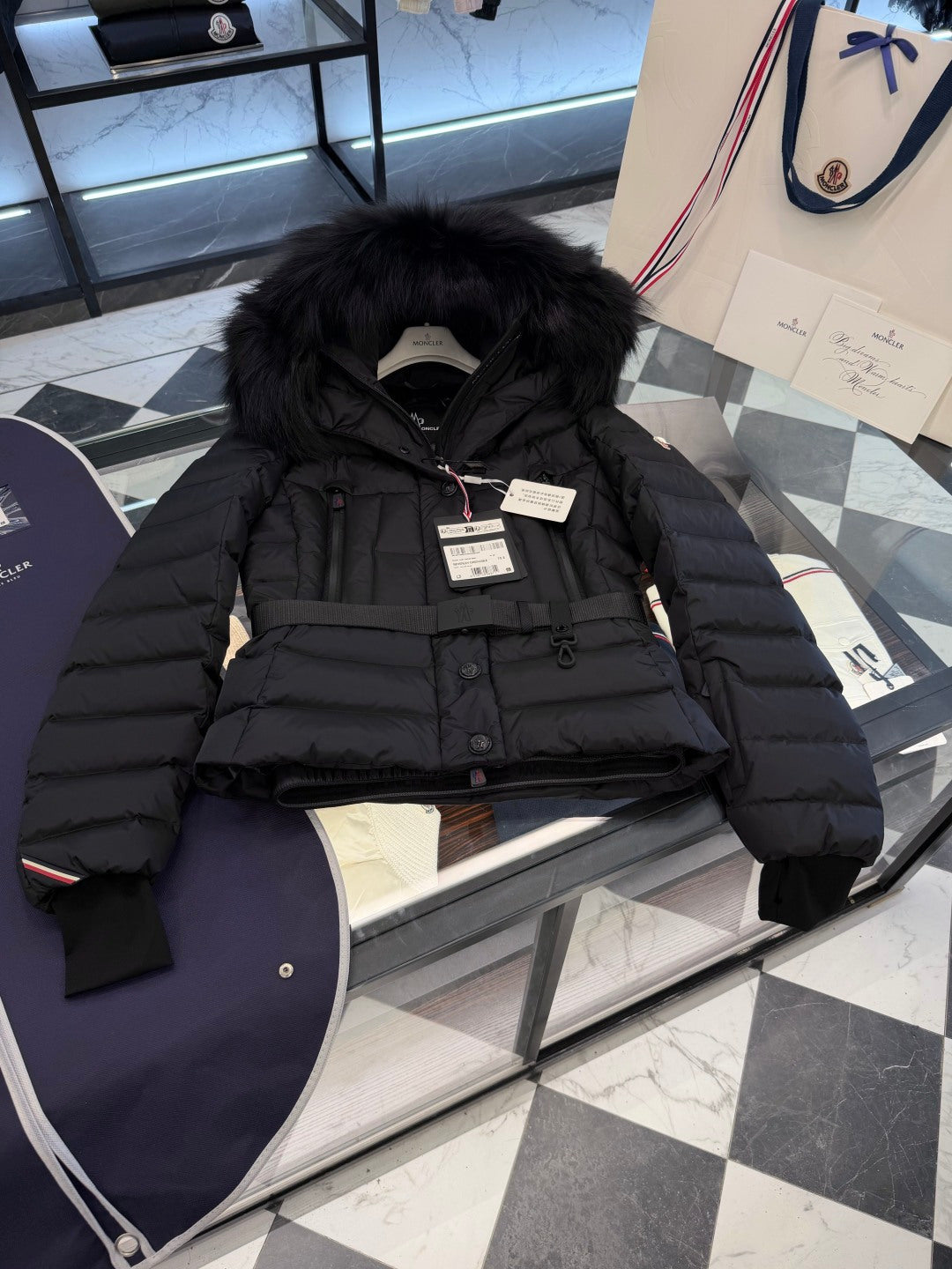 FUR HOODED BELTED PUFFER DOWN JACKET