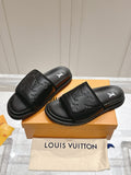 BLACK EMBOSSED SLIDE SANDALS