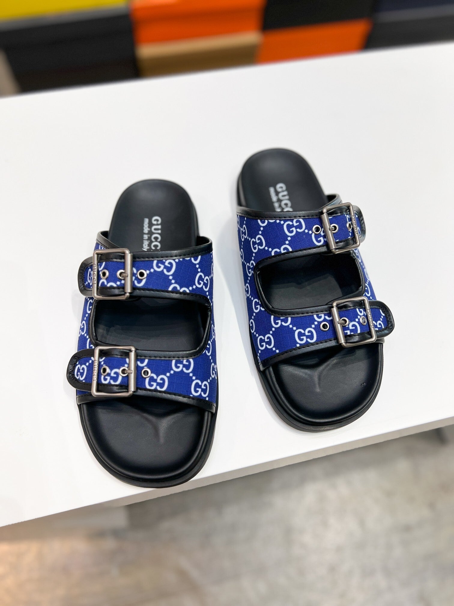 BLUE MONOGRAM DOUBLE BUCKLE SLIDE SANDALS