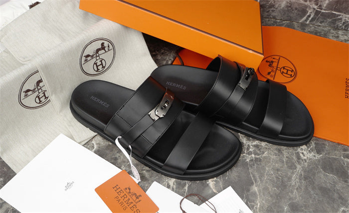 MINIMAL BUCKLE STRAP LEATHER SLIDE SANDALS