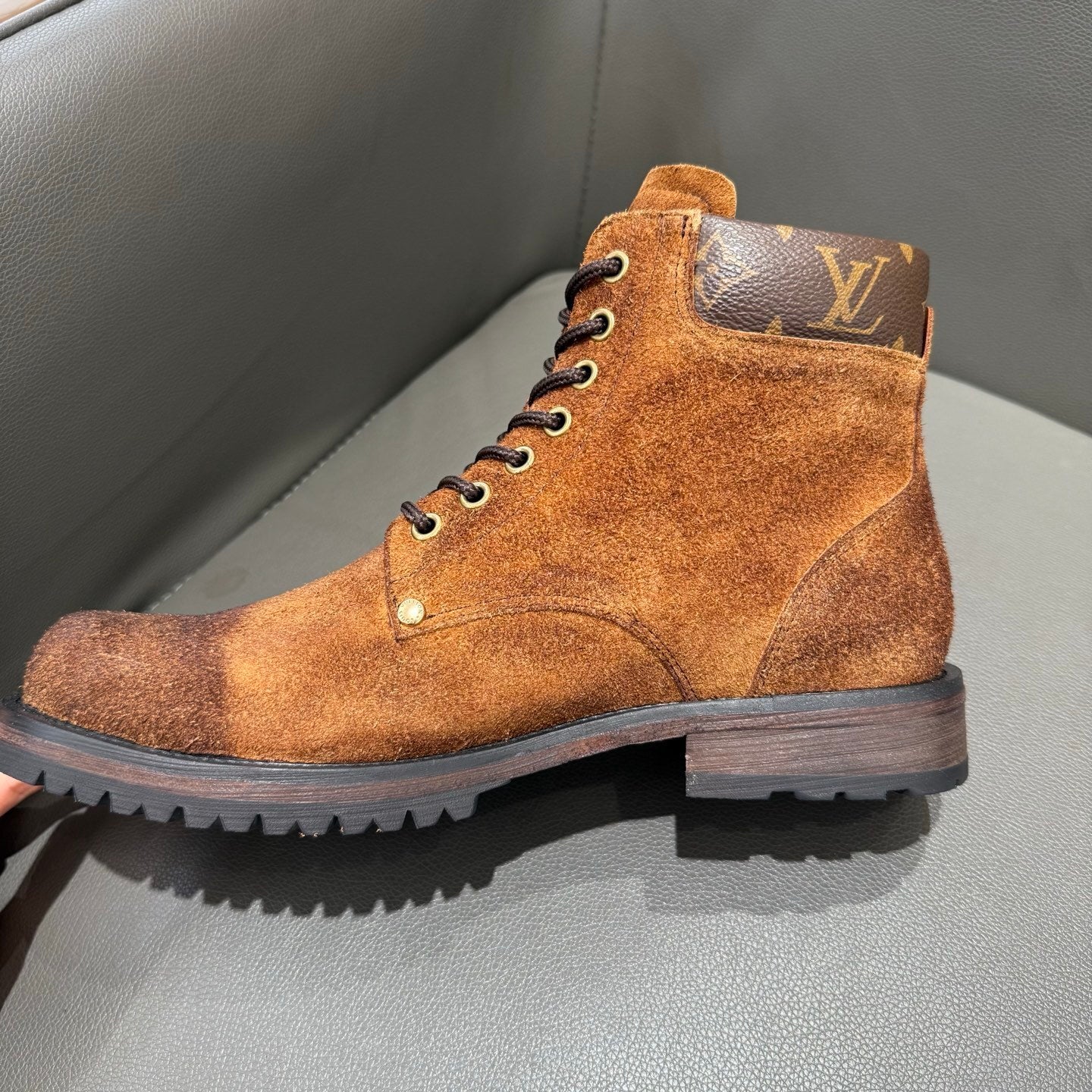 BROWN SUEDE MONOGRAM LACE-UP BOOTS