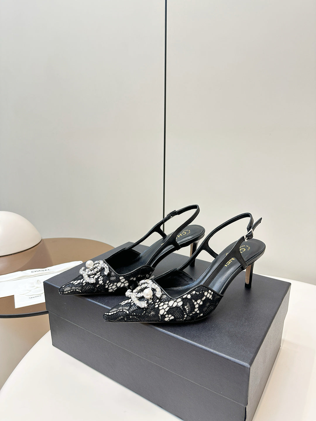 BLACK LACE CRYSTAL SLINGBACK HEELS