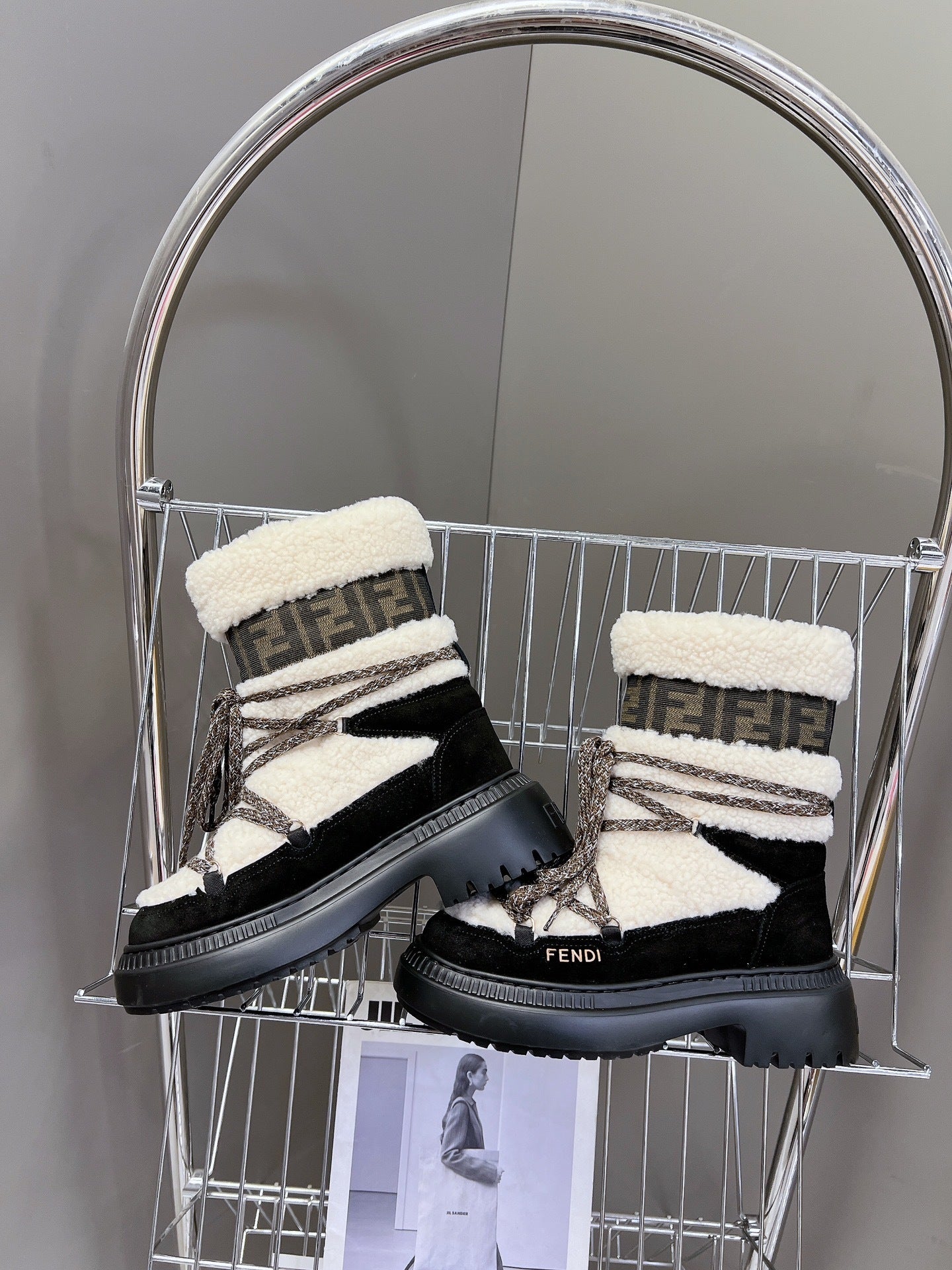 IVORY SHERPA-LINED LACE-UP WINTER BOOTS