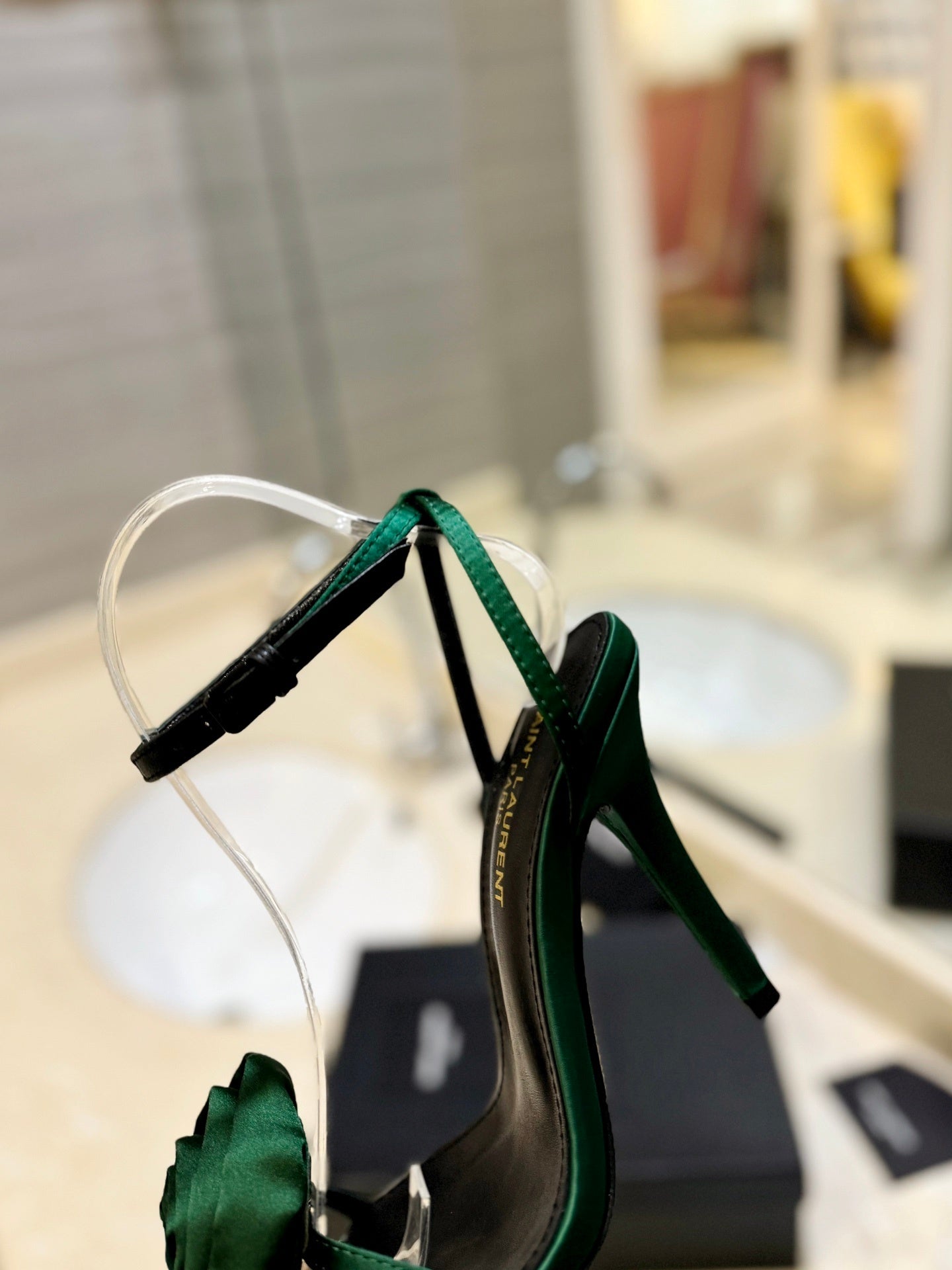 GREEN ROSE DETAIL HIGH HEEL SANDALS