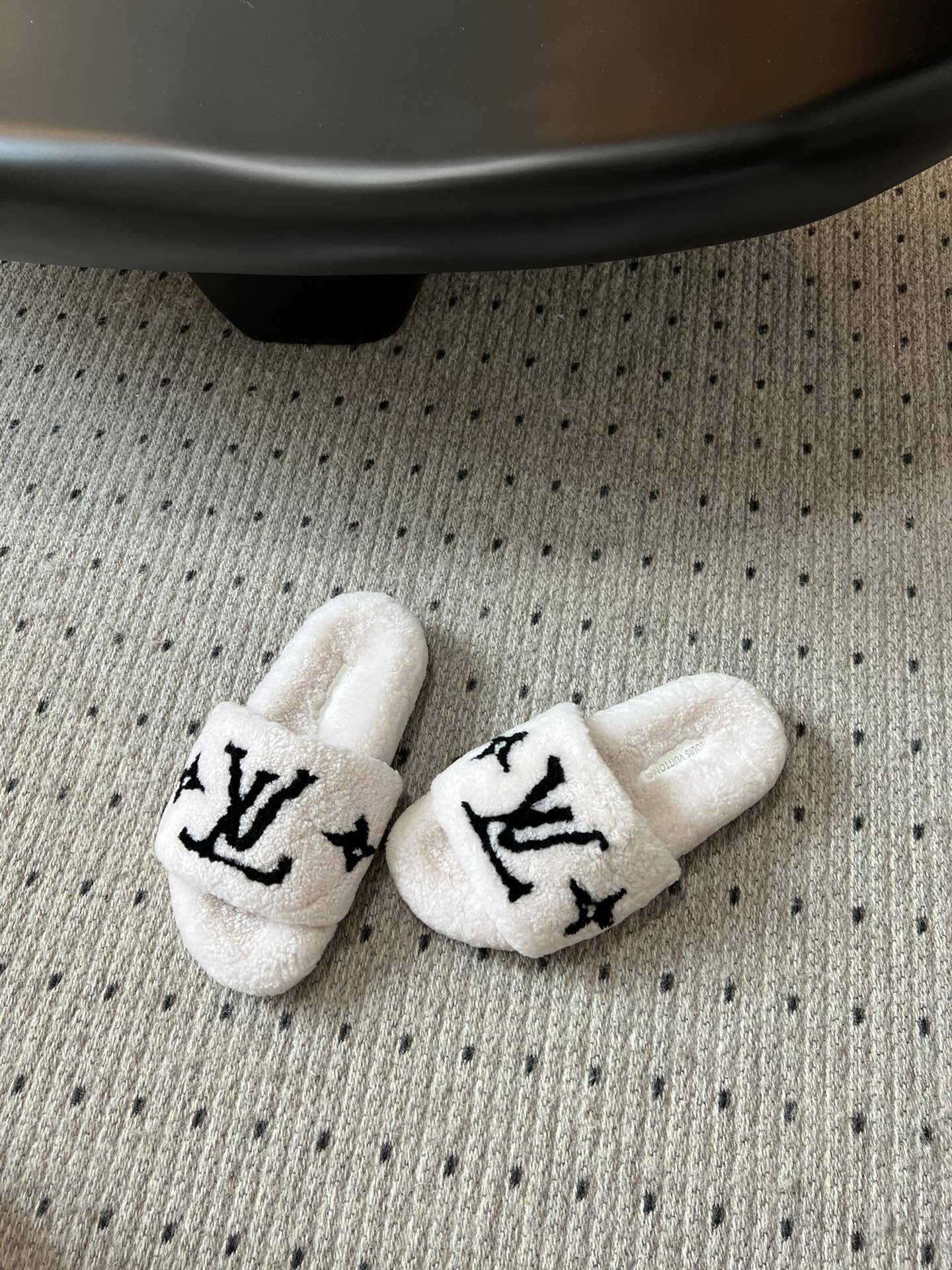 COZY MONOGRAM FUR SLIDE SLIPPERS