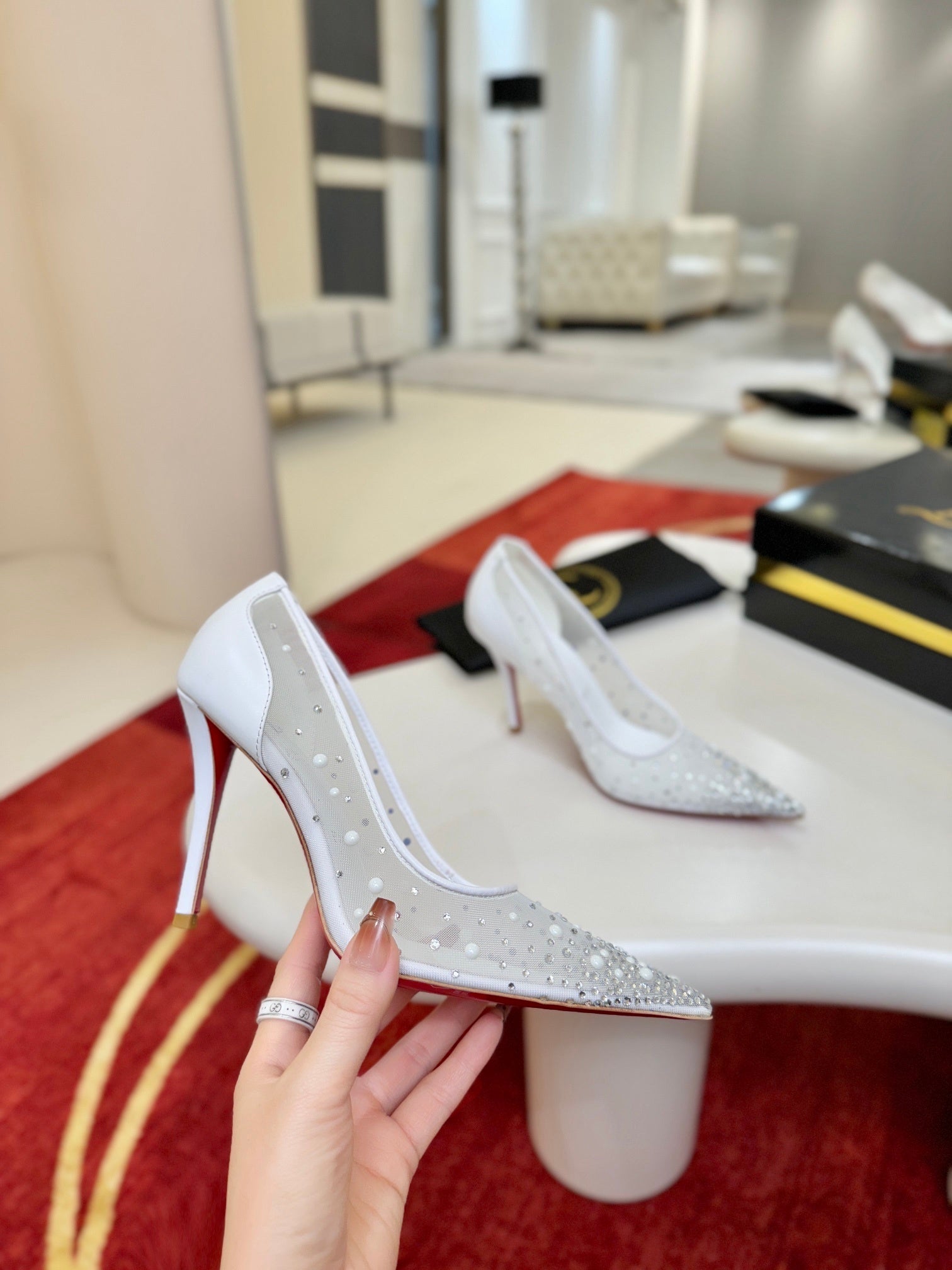 WHITE RHINESTONE POINTED HEELS