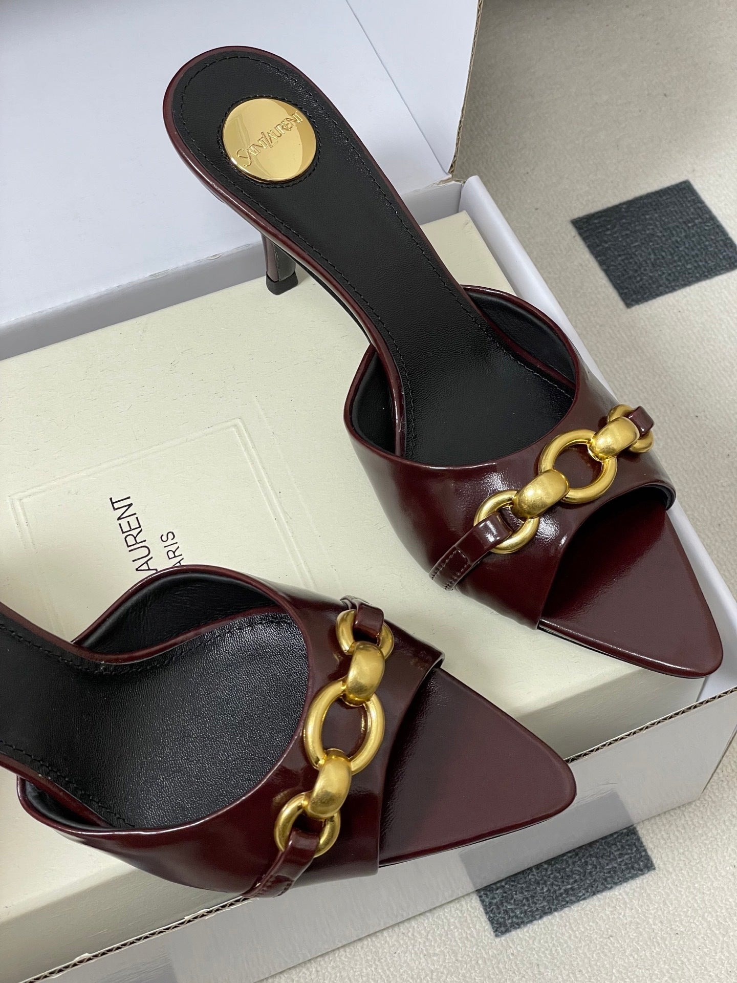 BURGUNDY POINTED TOE MULE HEELS WITH GOLD DETAIL
