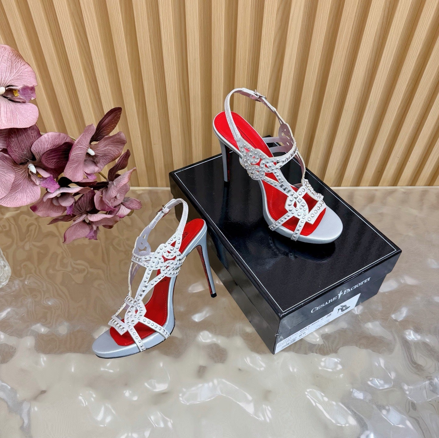 CRYSTAL STUD GLADIATOR STILETTO SANDALS – SILVER EDITION