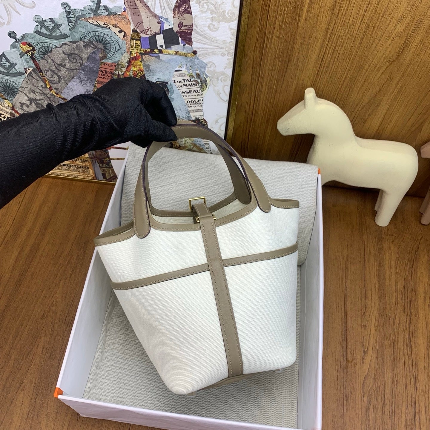 LUXURY CANVAS & TAUPE LEATHER MINI PICOTIN STYLE HANDBAG