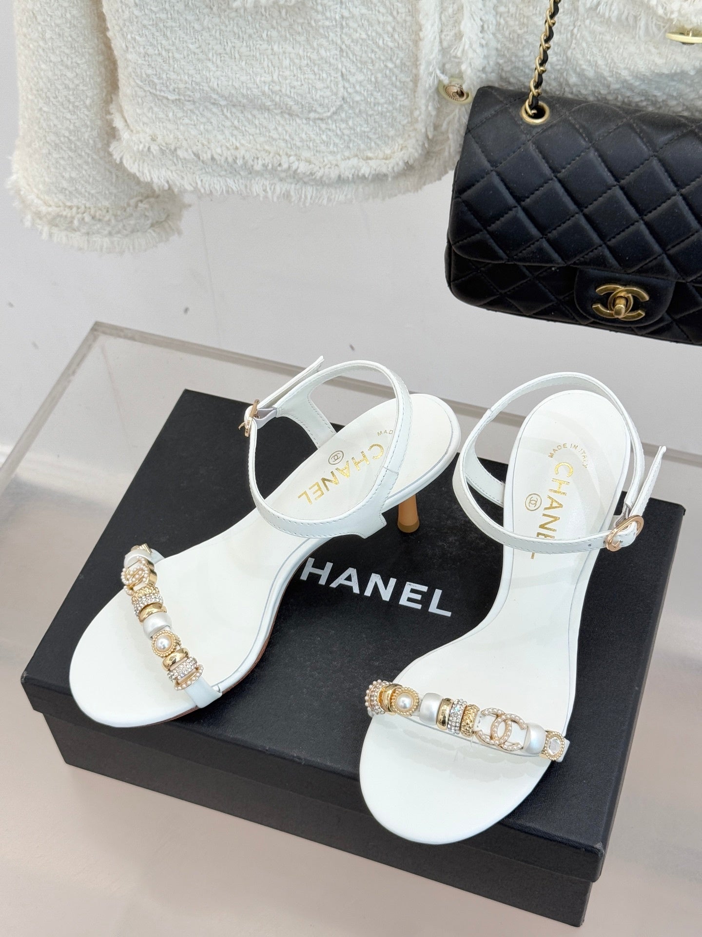 WHITE EMBELLISHED STRAPPY HEEL SANDALS