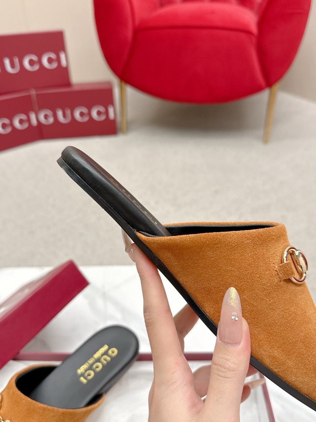 SUEDE SLIP-ON MULES WITH GOLD HORSEBIT DETAIL