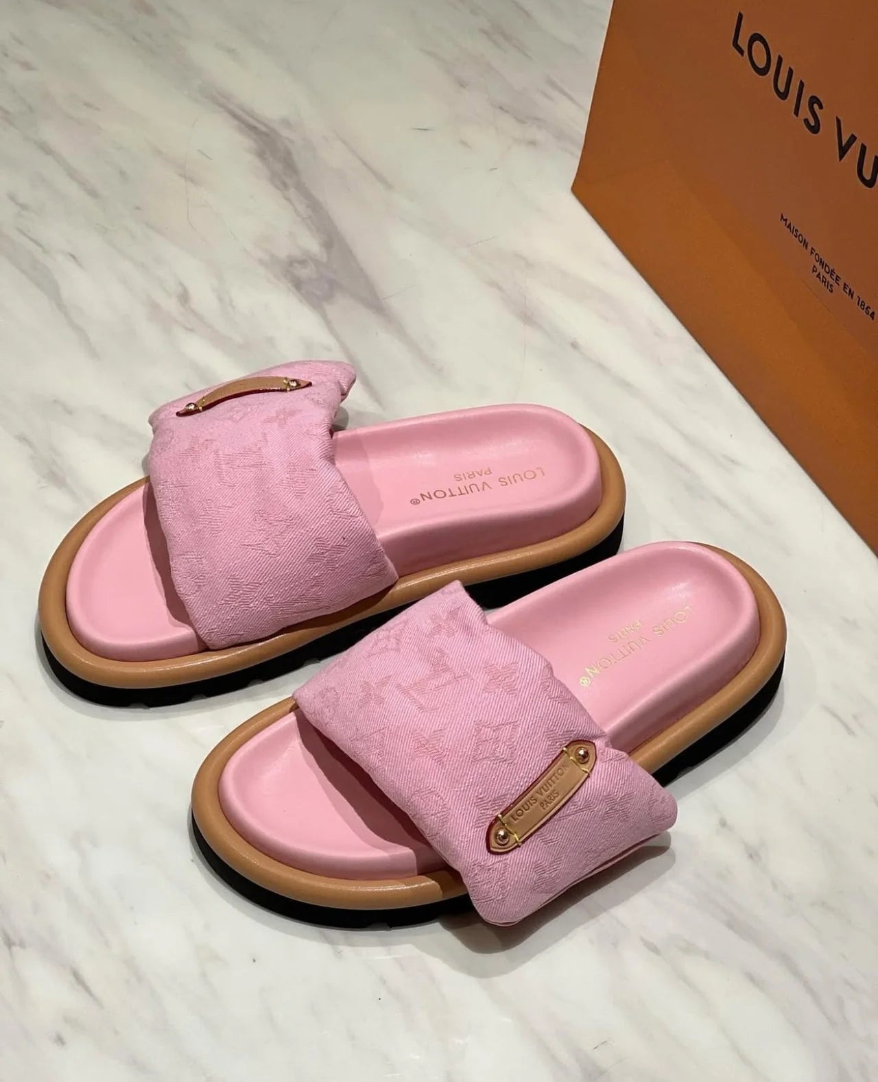 BLUSH PINK PADDED MONOGRAM SLIDE SANDALS