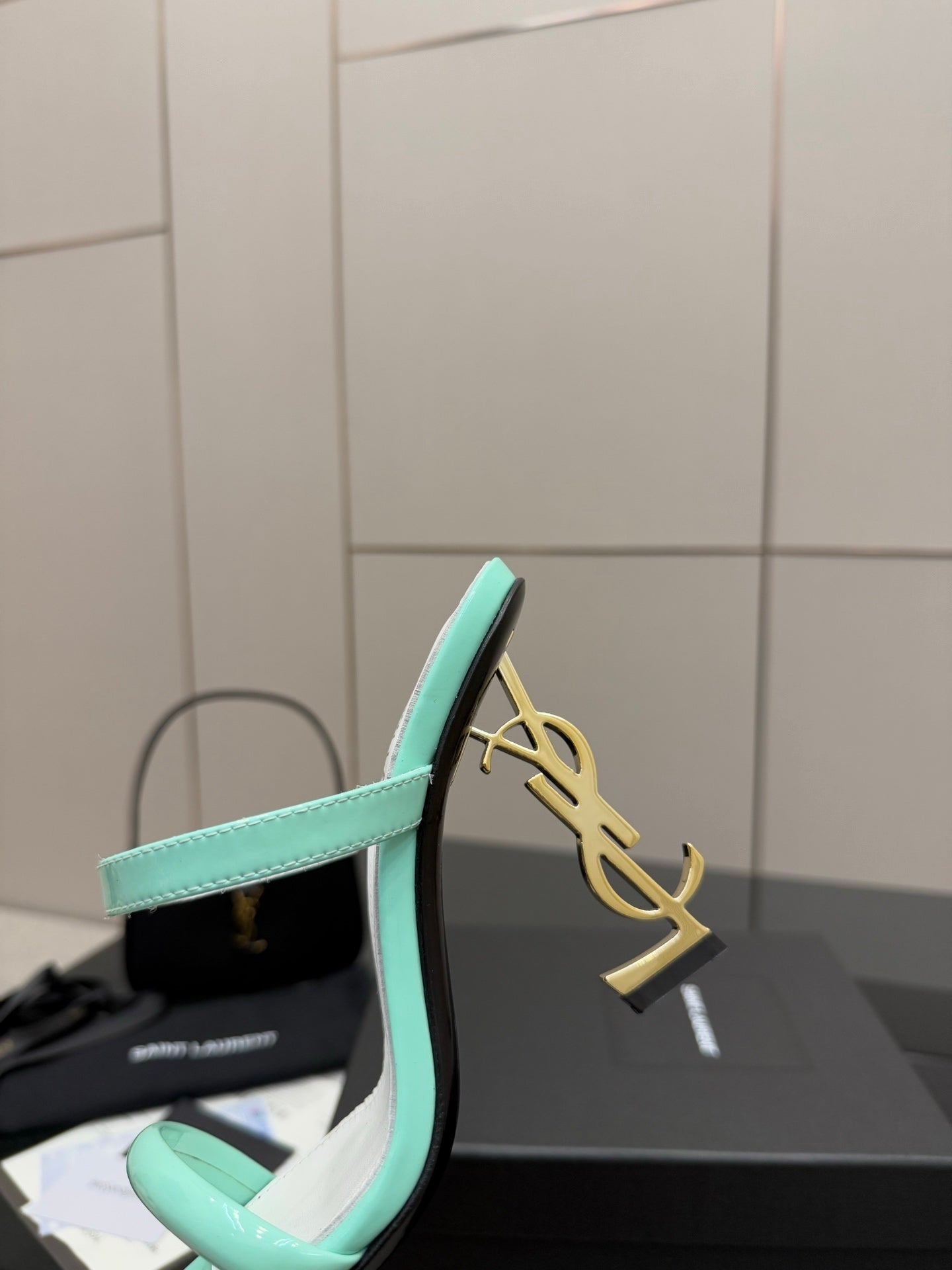 MINT GREEN STRAPPY HEELS WITH GOLD LOGO HEEL