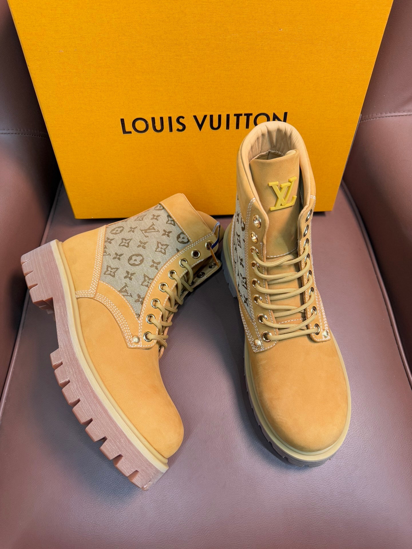 TAN MONOGRAM CANVAS COMBAT BOOTS