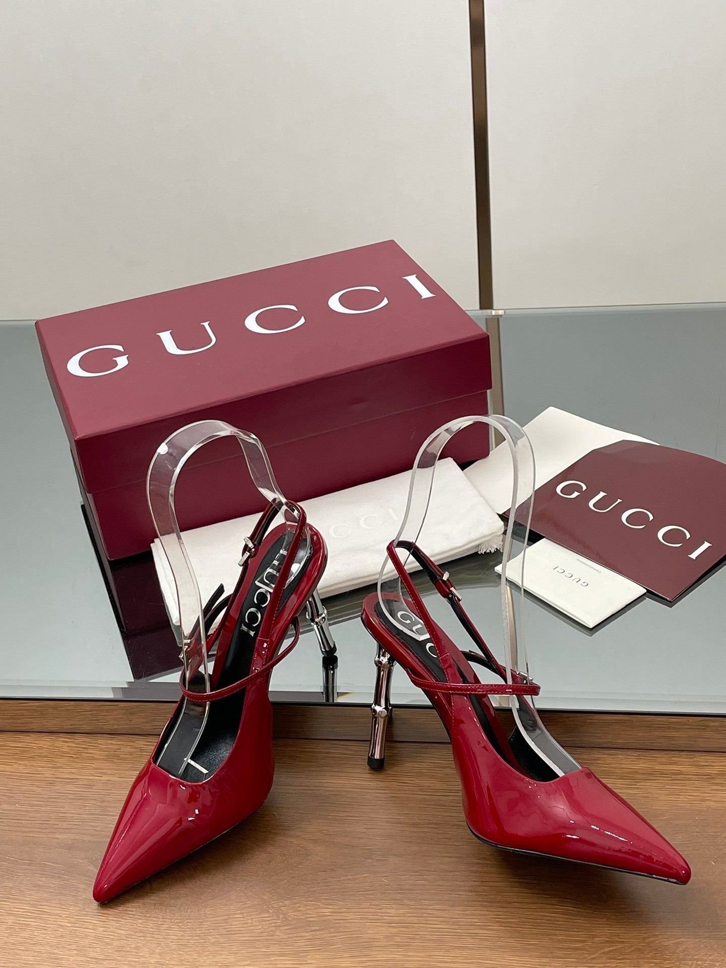 RED PATENT POINTED TOE SLINGBACK HEELS WITH METALLIC HEEL