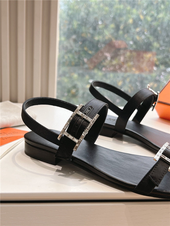 BLACK BUCKLE STRAP FLAT SANDALS