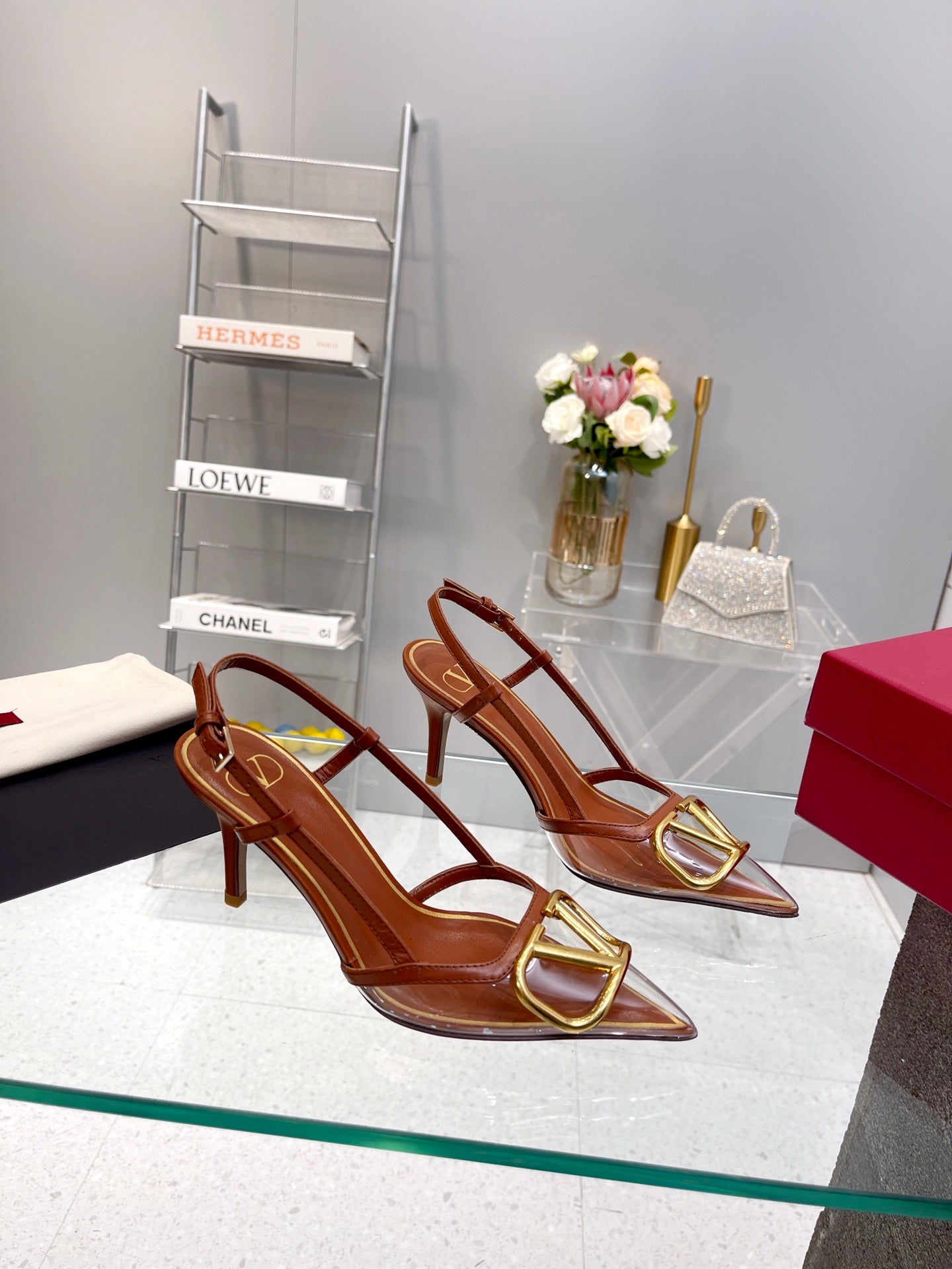 CLEAR SLINGBACK HEELS – CARAMEL BROWN WITH GOLD LOGO DETAIL
