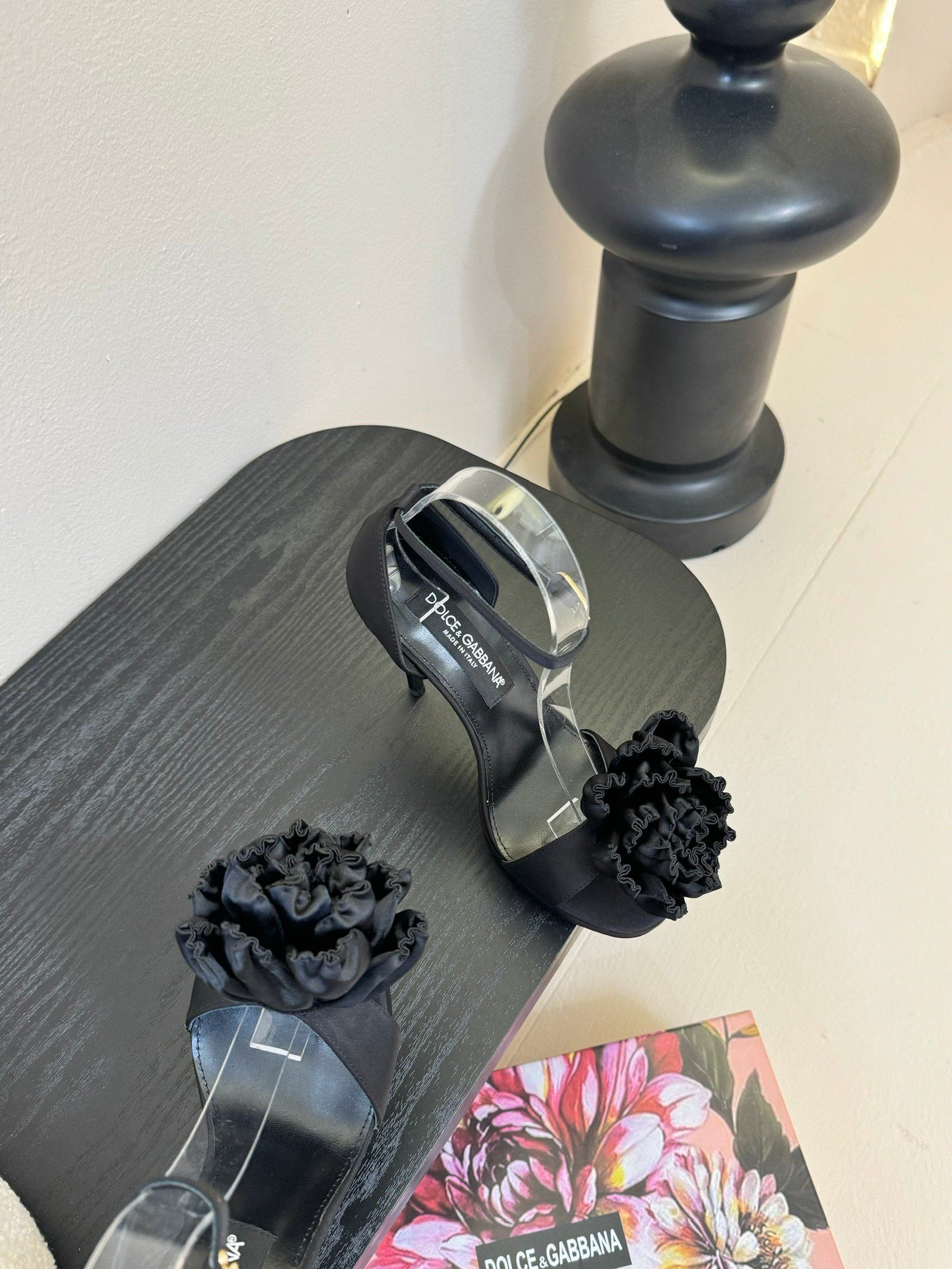 BLACK SATIN ROSETTE STRAPPY STILETTO HEELS