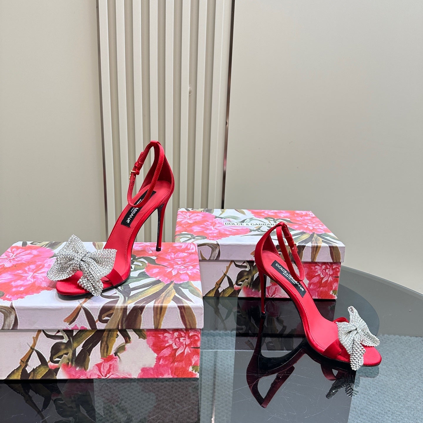 RED SATIN BOW CRYSTAL-EMBELLISHED STILETTO HEELS