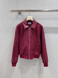 BURGUNDY ZIP-FRONT JACKET WITH LEATHER COLLAR DETAIL