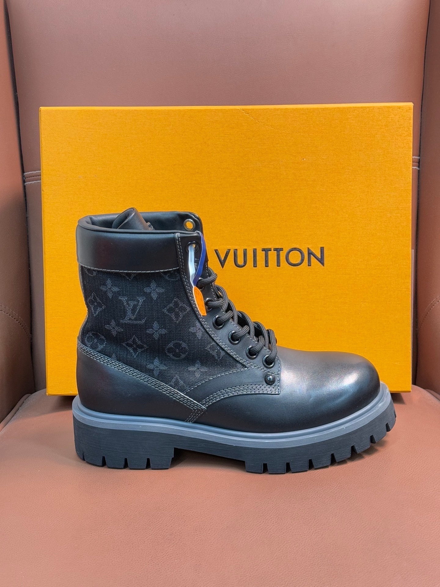 BLACK MONOGRAM CANVAS COMBAT BOOTS