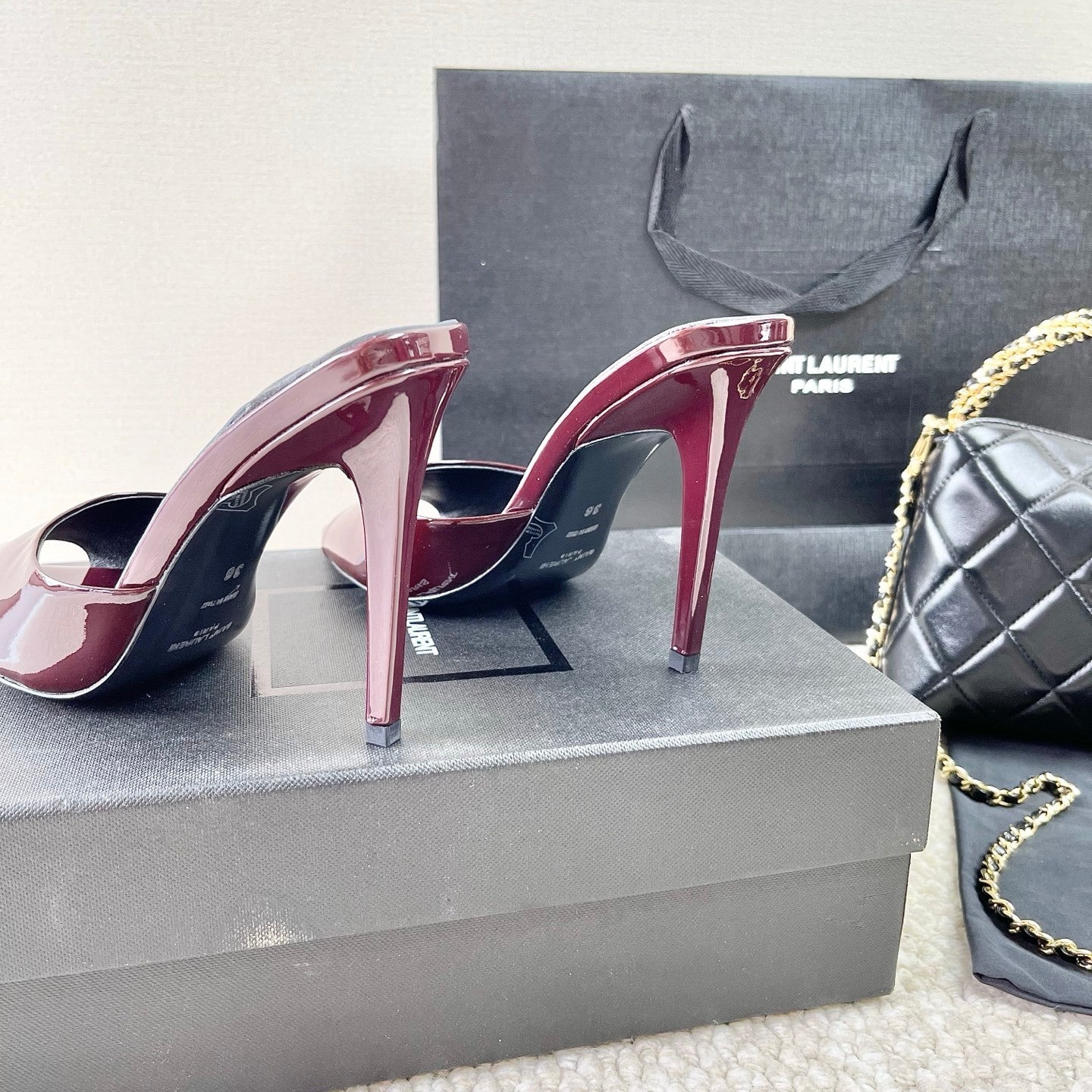 BURGUNDY PATENT OPEN-TOE MULE HEELS